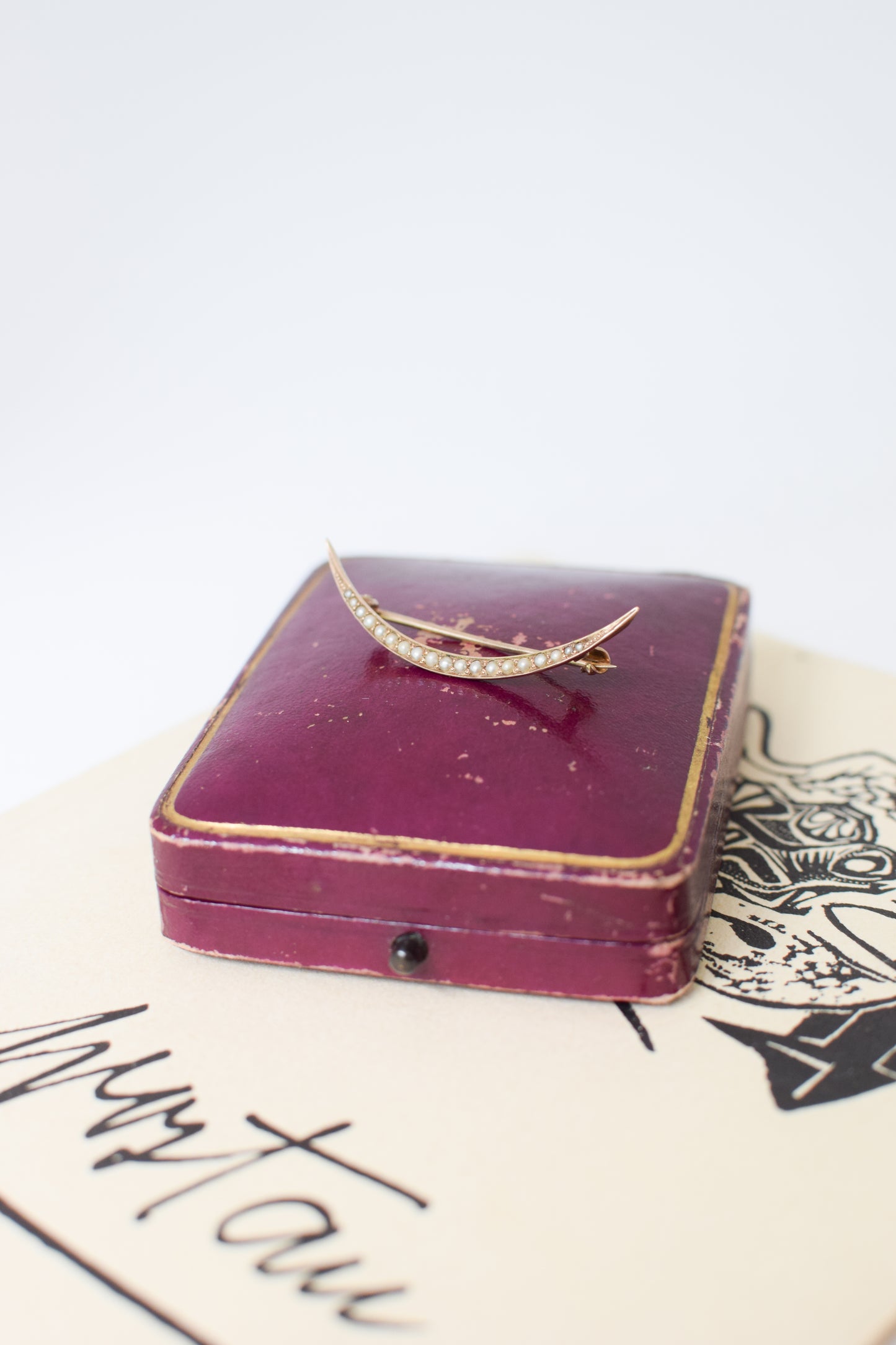 Antique 8kt Gold and Pearl Crescent Brooch
