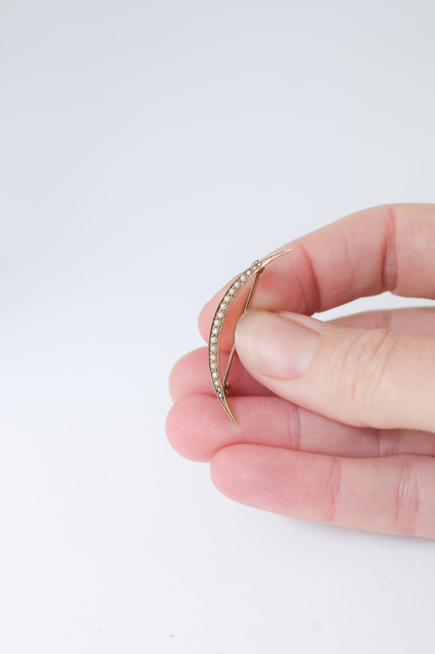 Antique 8kt Gold and Pearl Crescent Brooch
