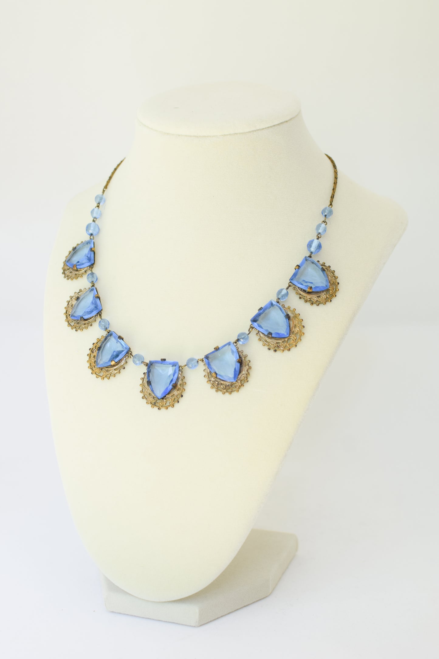 Antique Czech Glass and Brass Necklace | Blue Drops