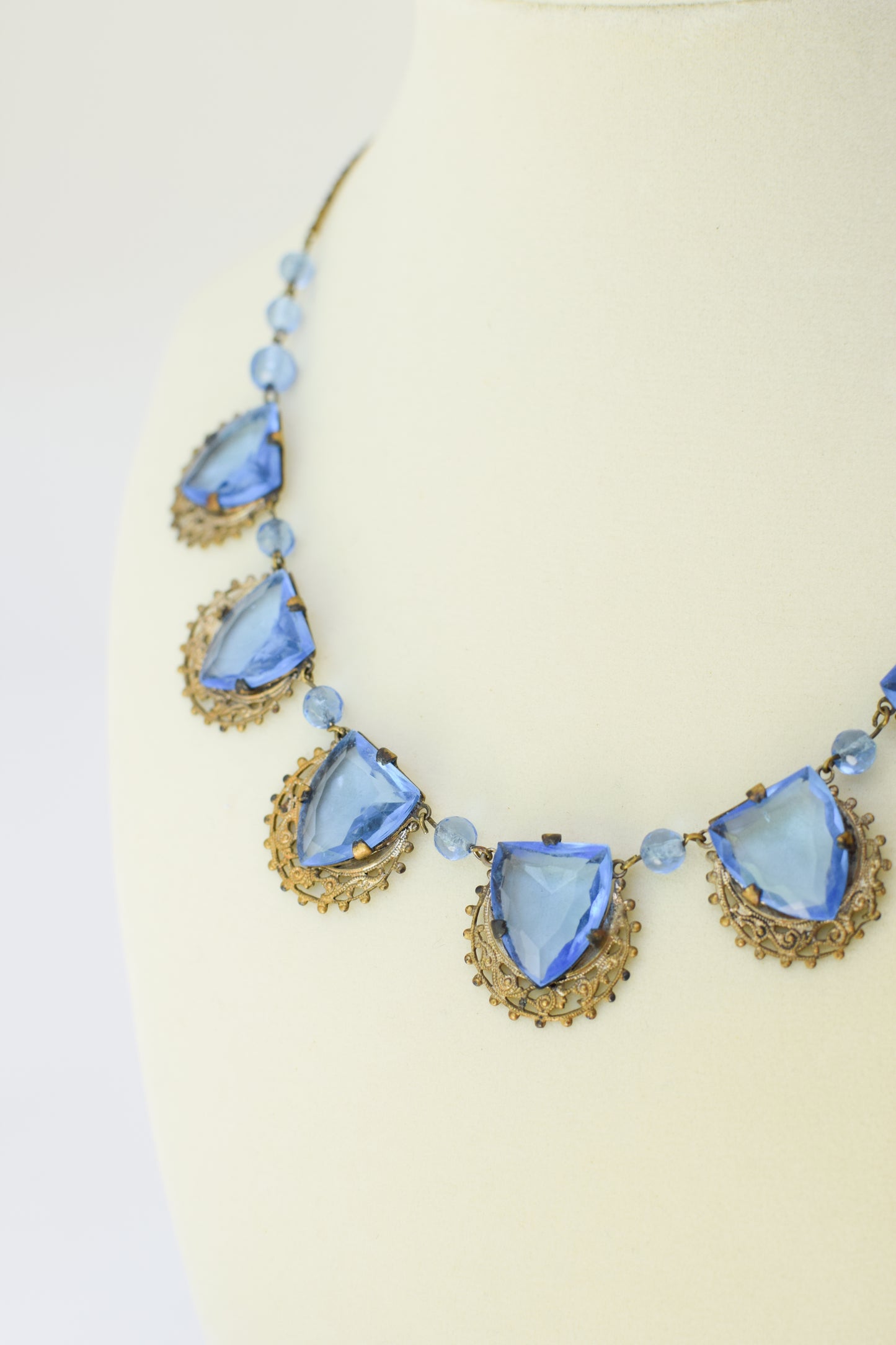 Antique Czech Glass and Brass Necklace | Blue Drops
