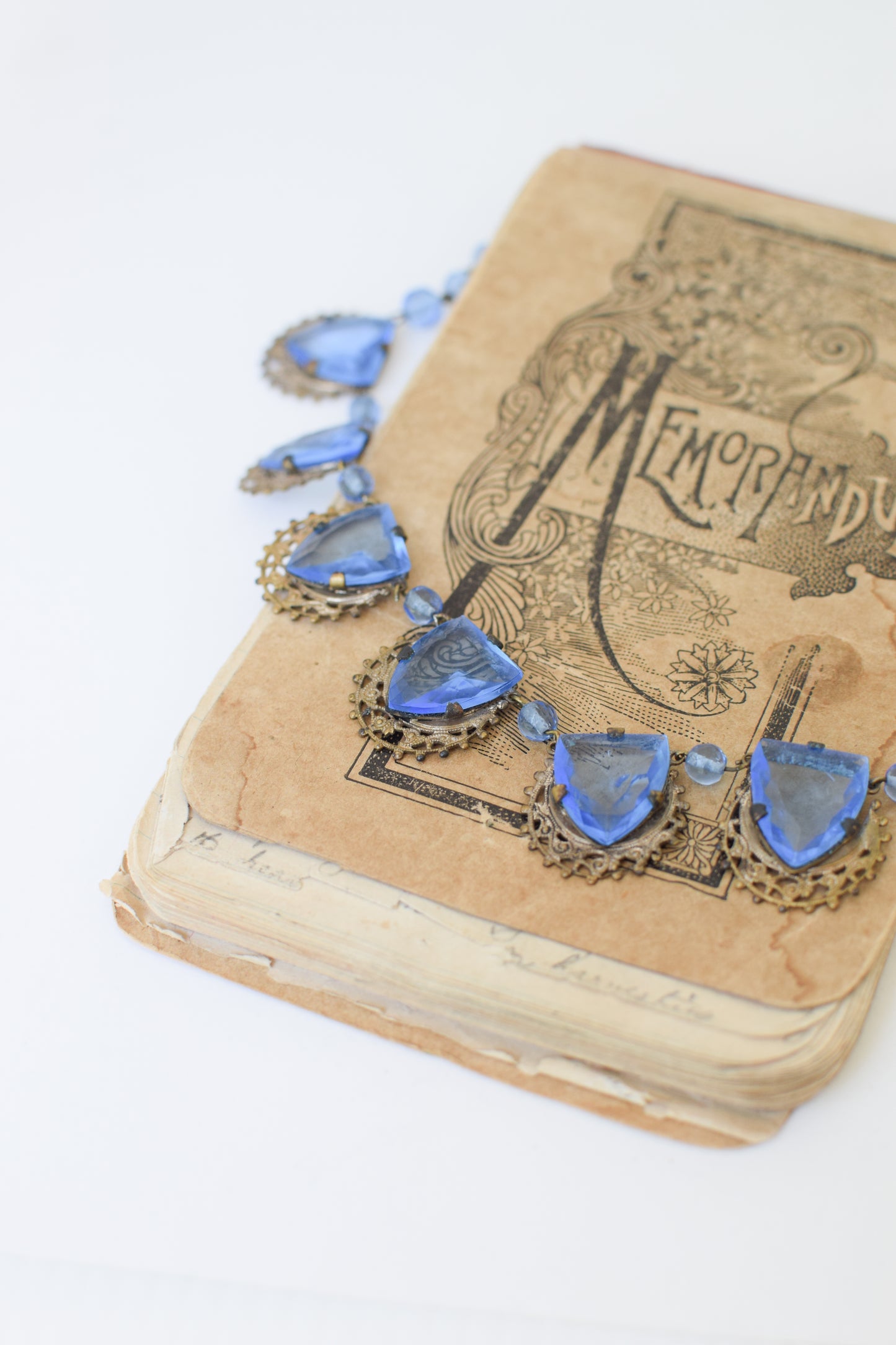 Antique Czech Glass and Brass Necklace | Blue Drops