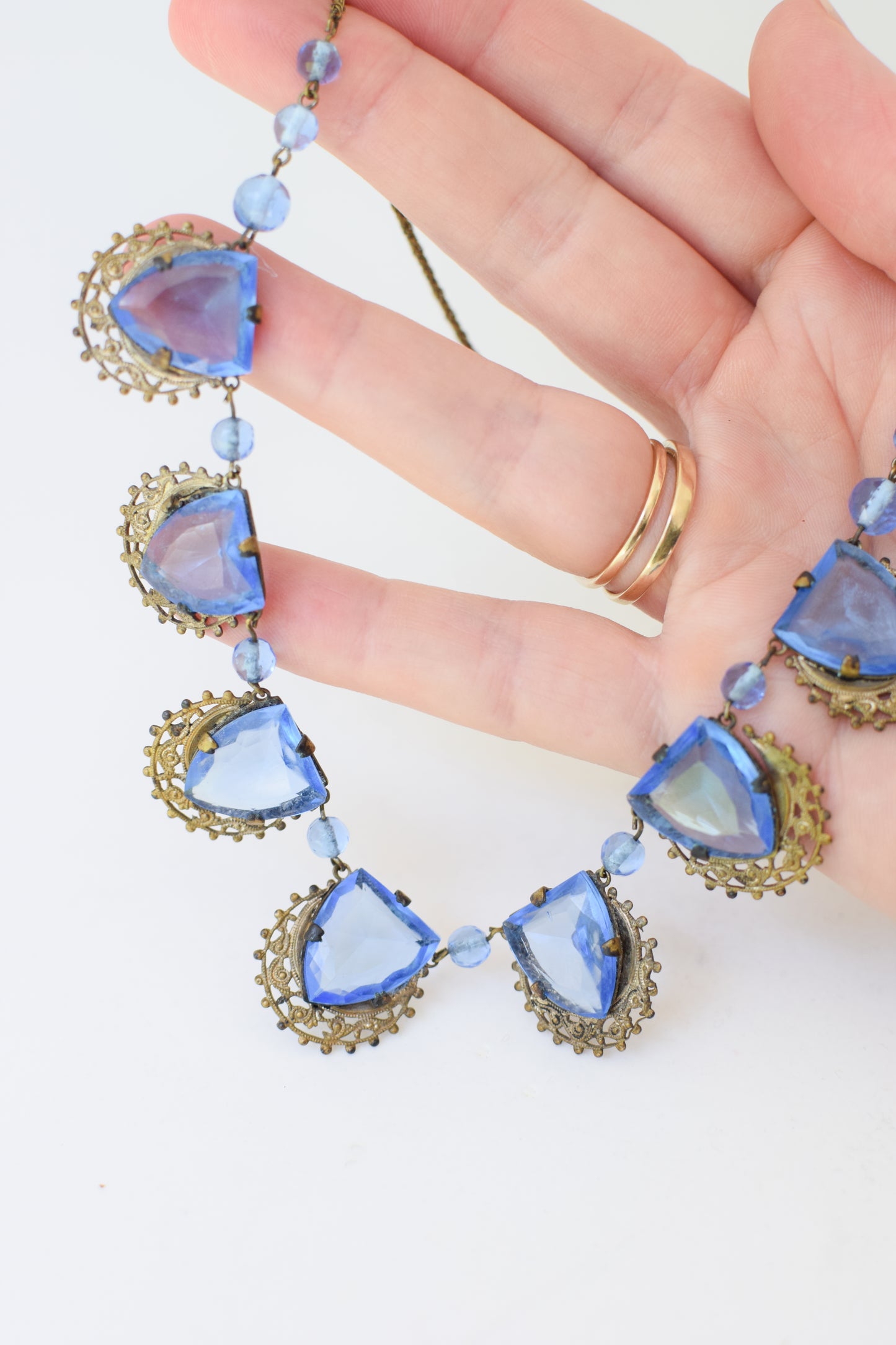 Antique Czech Glass and Brass Necklace | Blue Drops