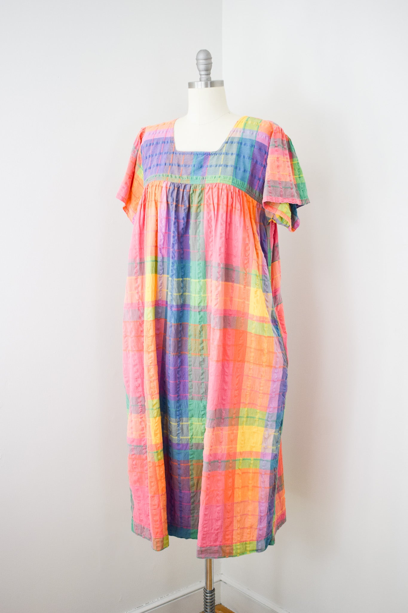 1980s Rainbow Madras Plaid Market Dress | M
