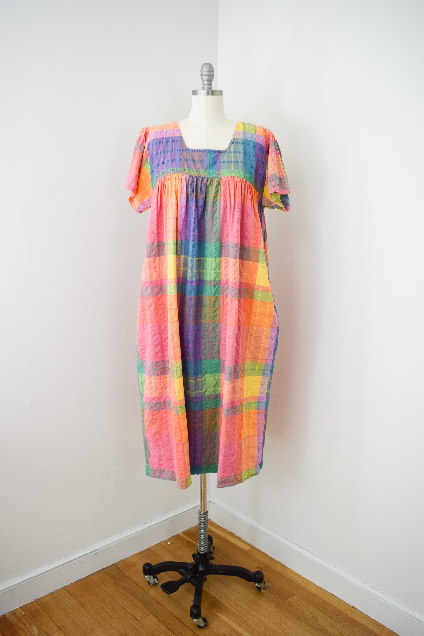 1980s Rainbow Madras Plaid Market Dress | M