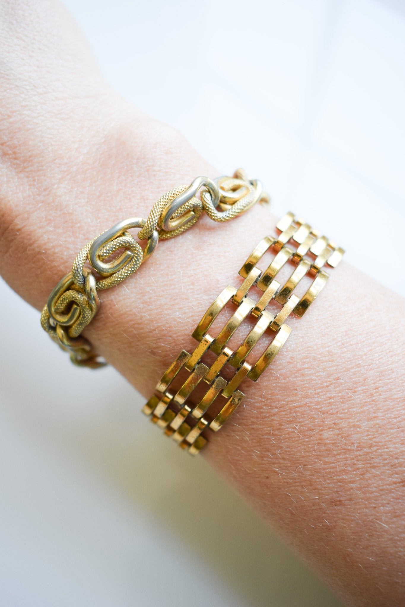 Paired Vintage Chunky Gold Link Bracelets