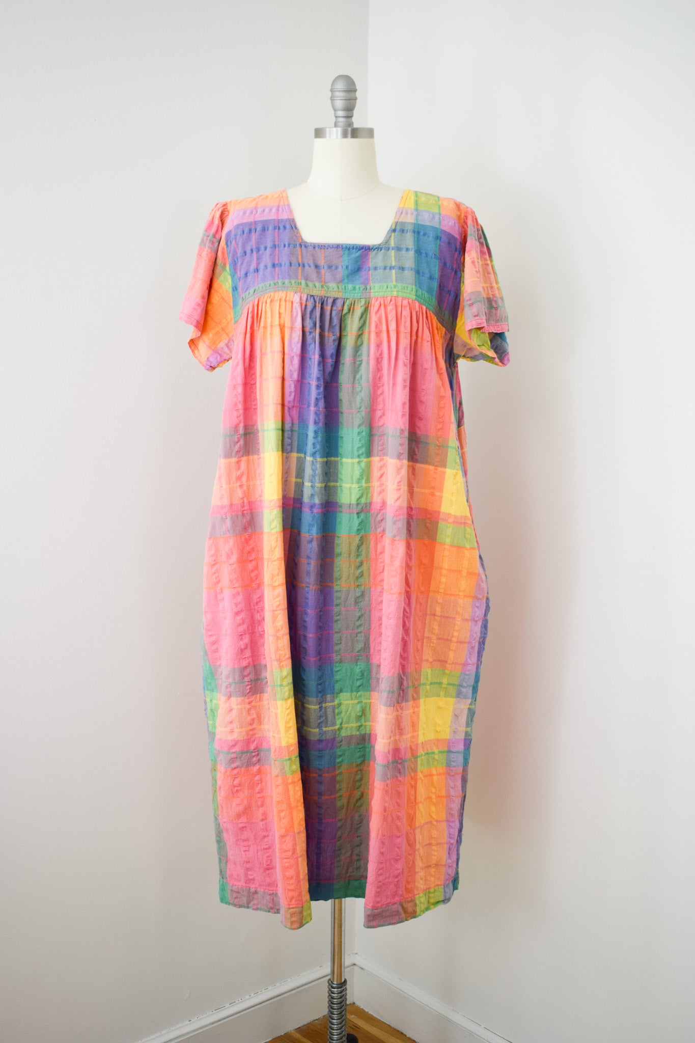 1980s Rainbow Madras Plaid Market Dress | M