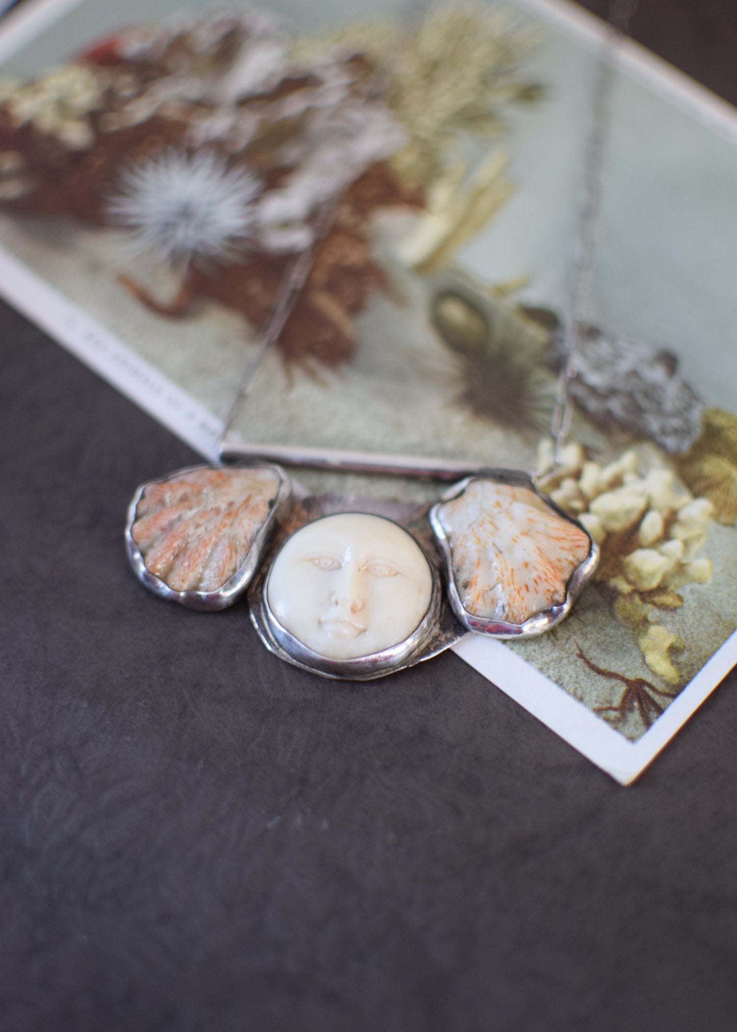 Vintage Shell and Moon Pendant Necklace