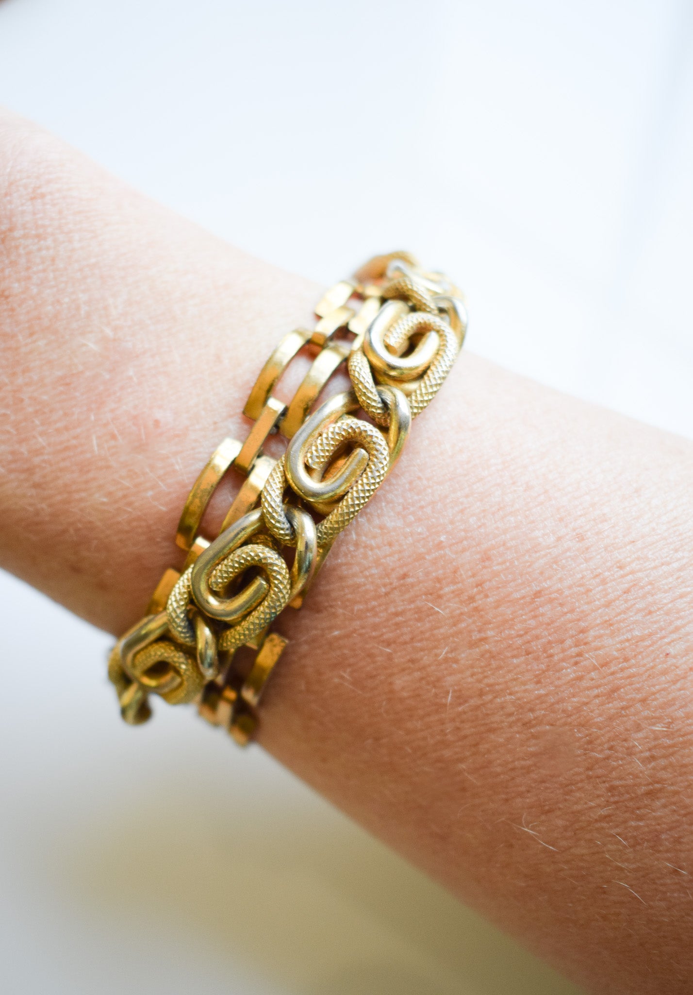 Paired Vintage Chunky Gold Link Bracelets