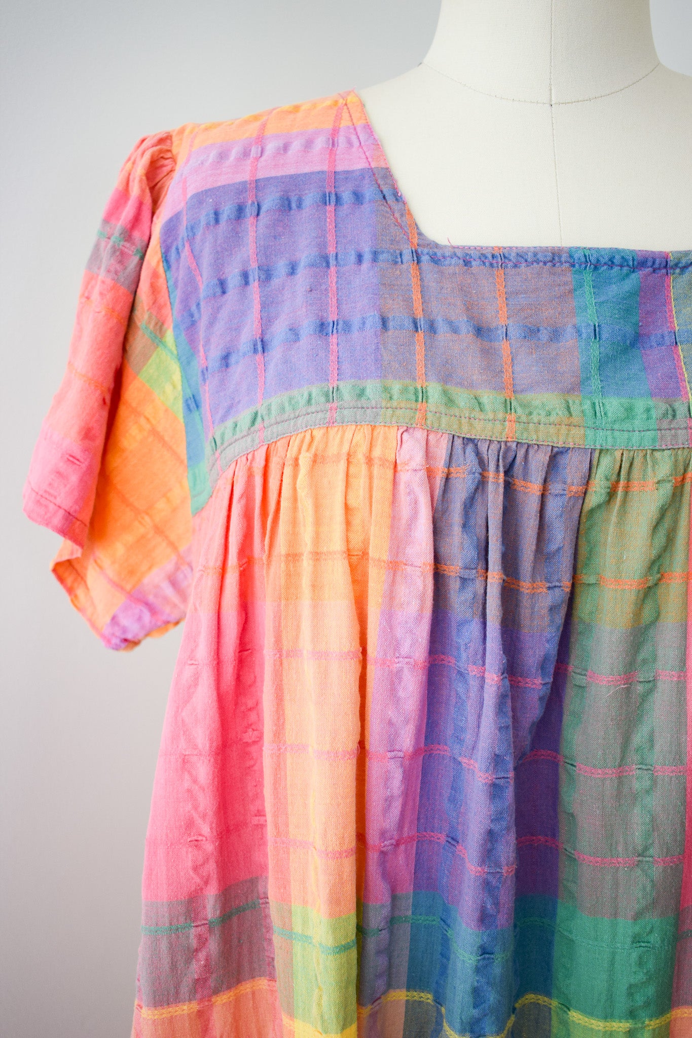 1980s Rainbow Madras Plaid Market Dress | M