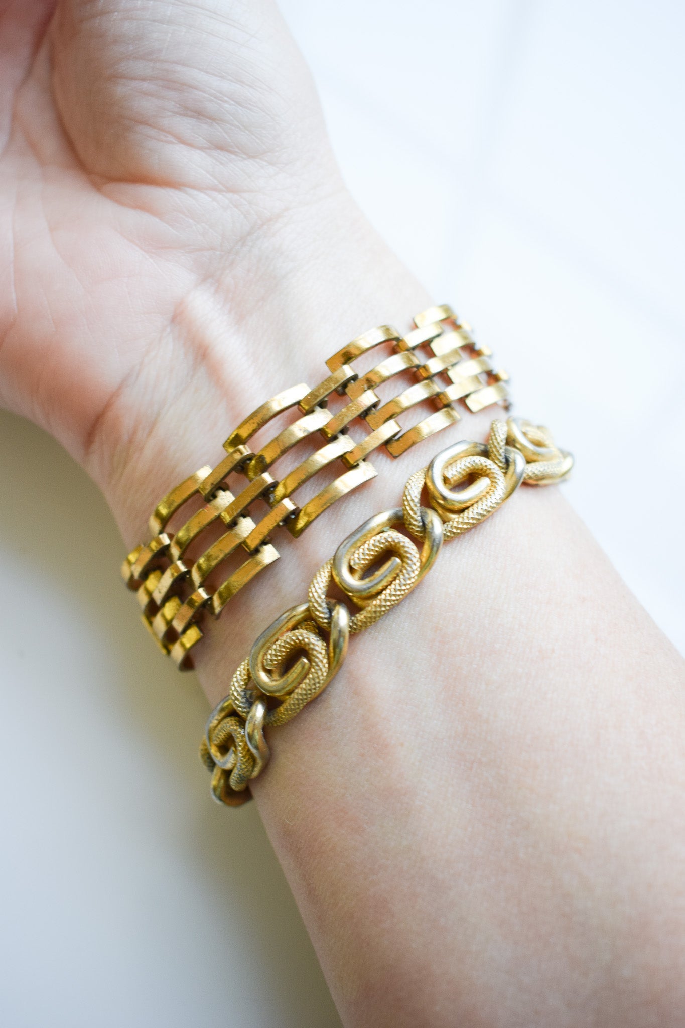 Paired Vintage Chunky Gold Link Bracelets
