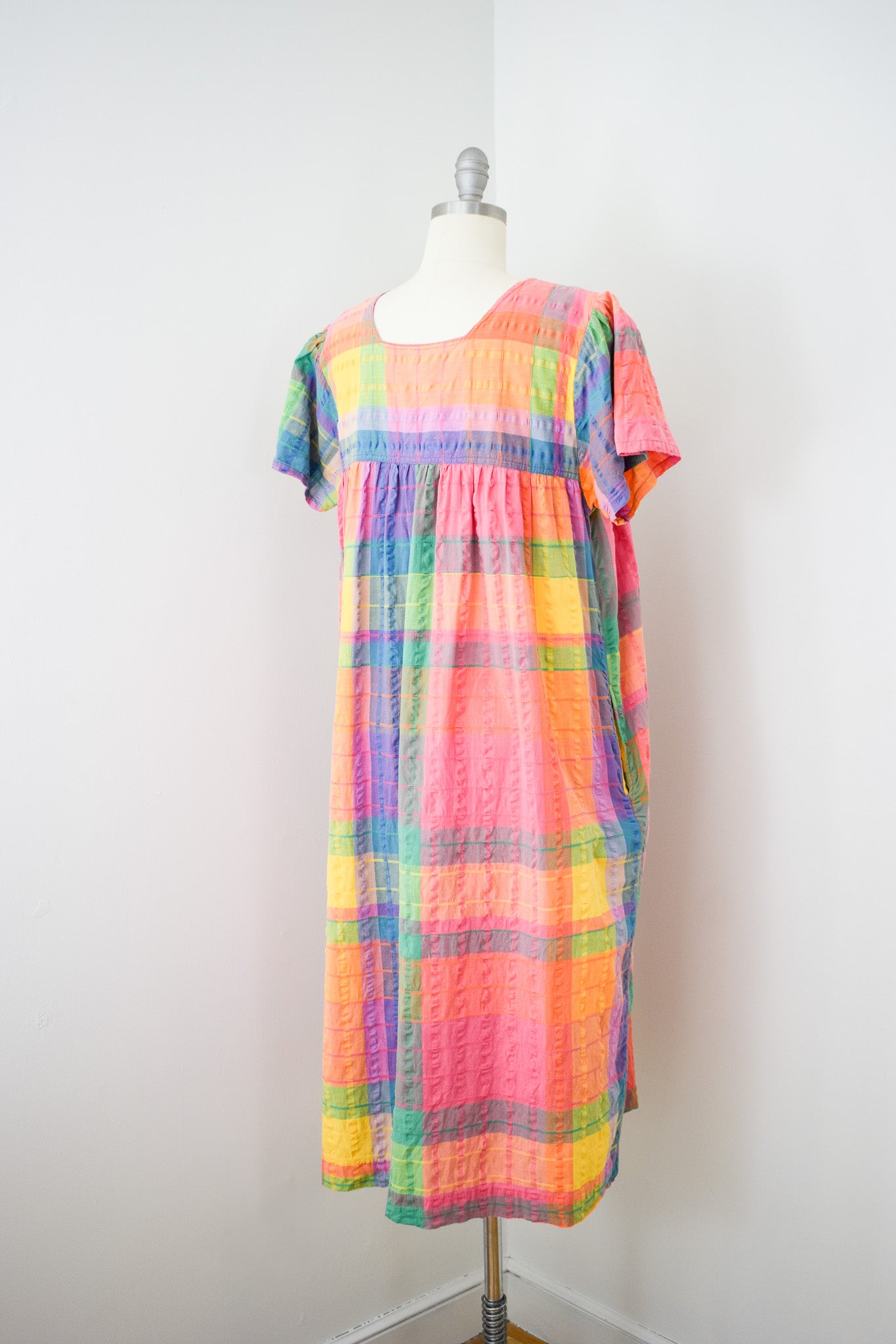 1980s Rainbow Madras Plaid Market Dress | M