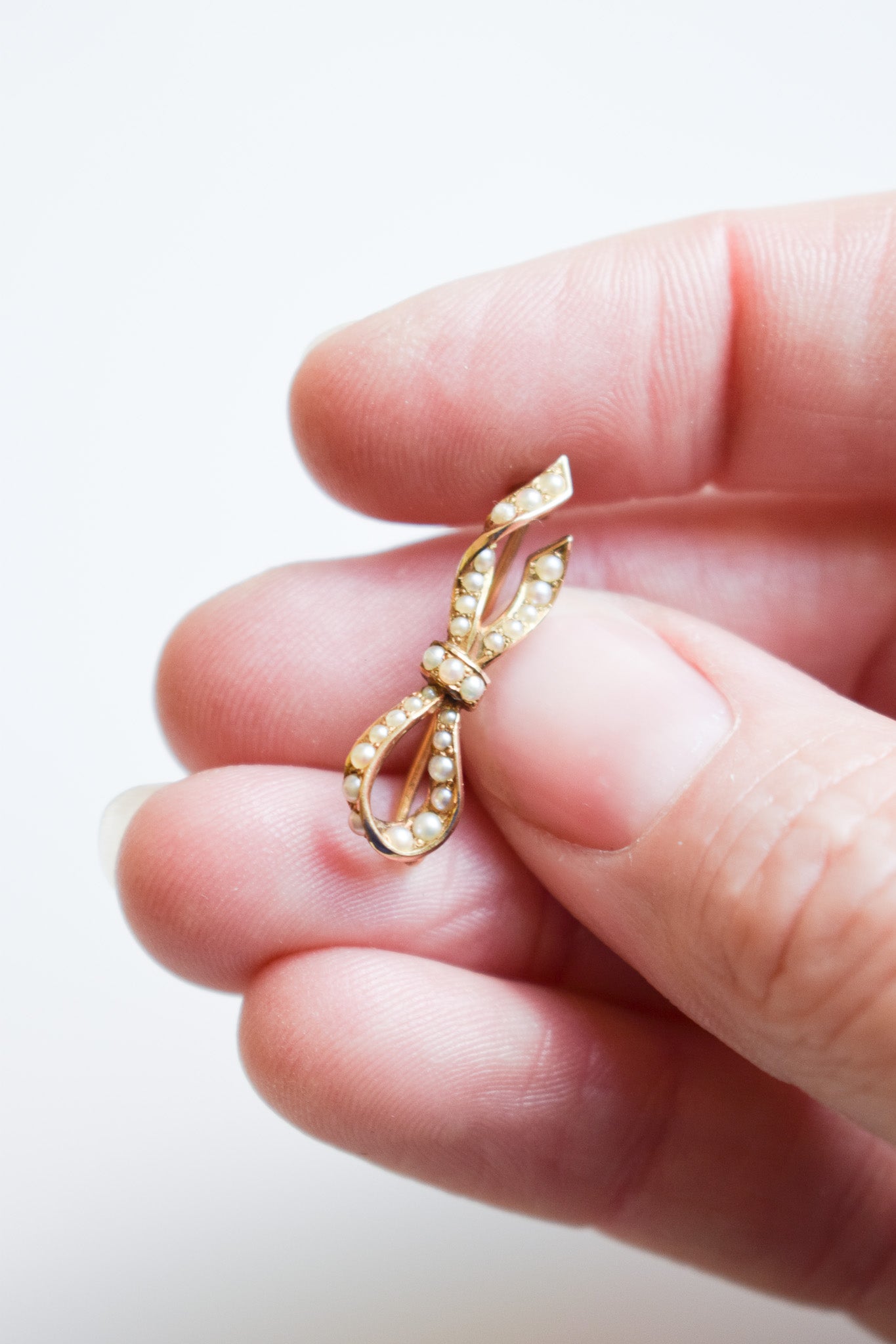 Petite Antique Gold and Seed Pearl Remembrance Ribbon Pin