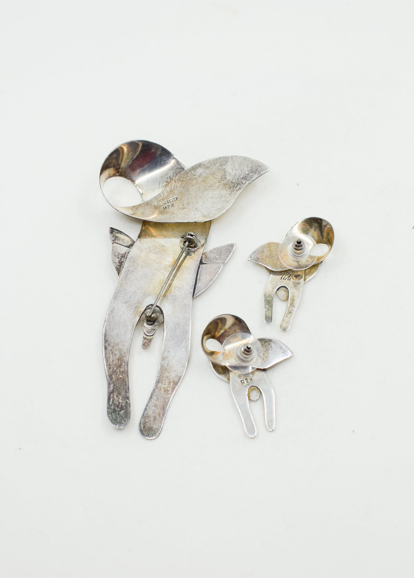 Sterling Silver Modernist Fox Earrings and Brooch Set