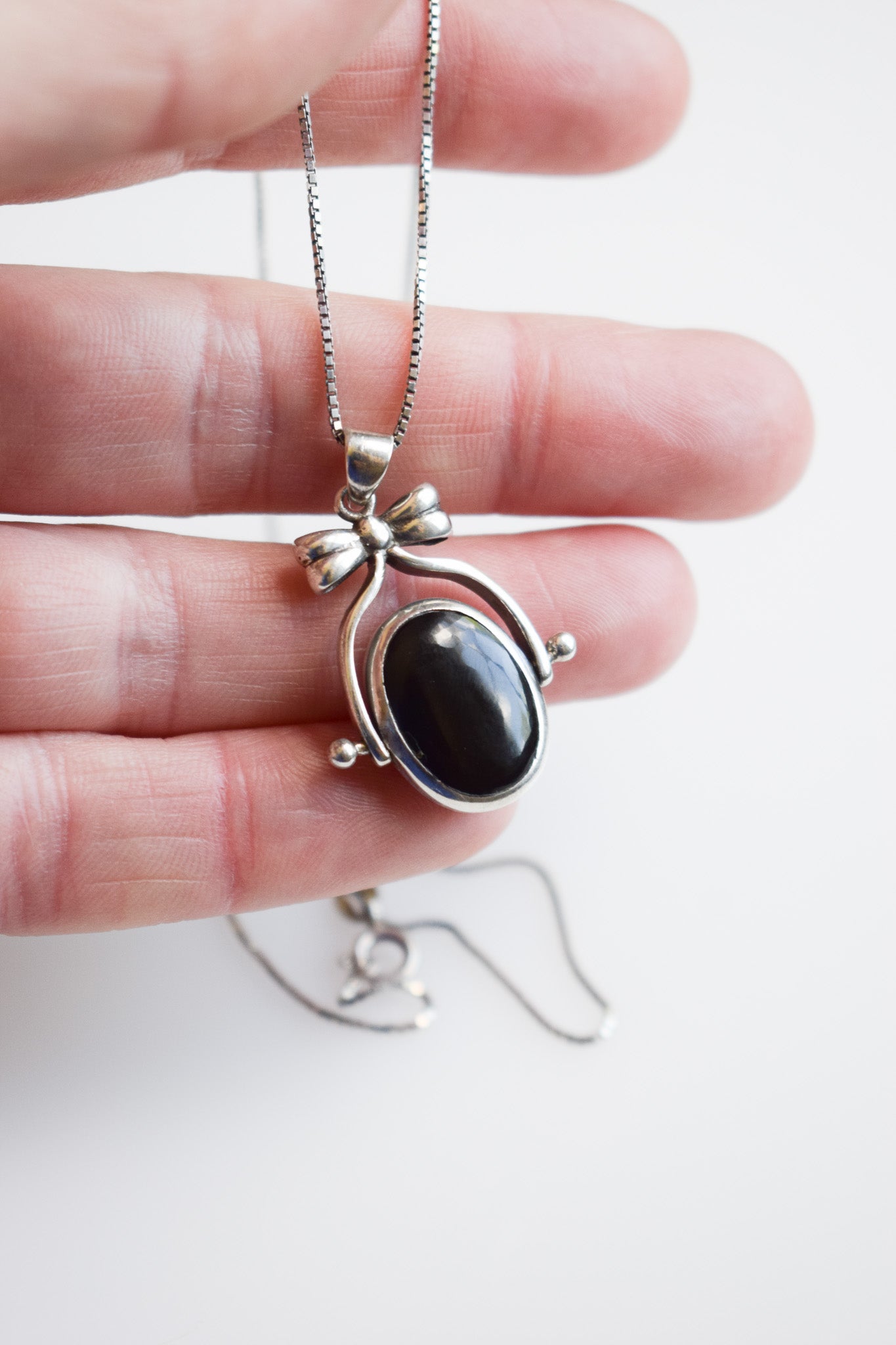 Vintage Sterling Silver Onyx/Pearl Swivel Pendant