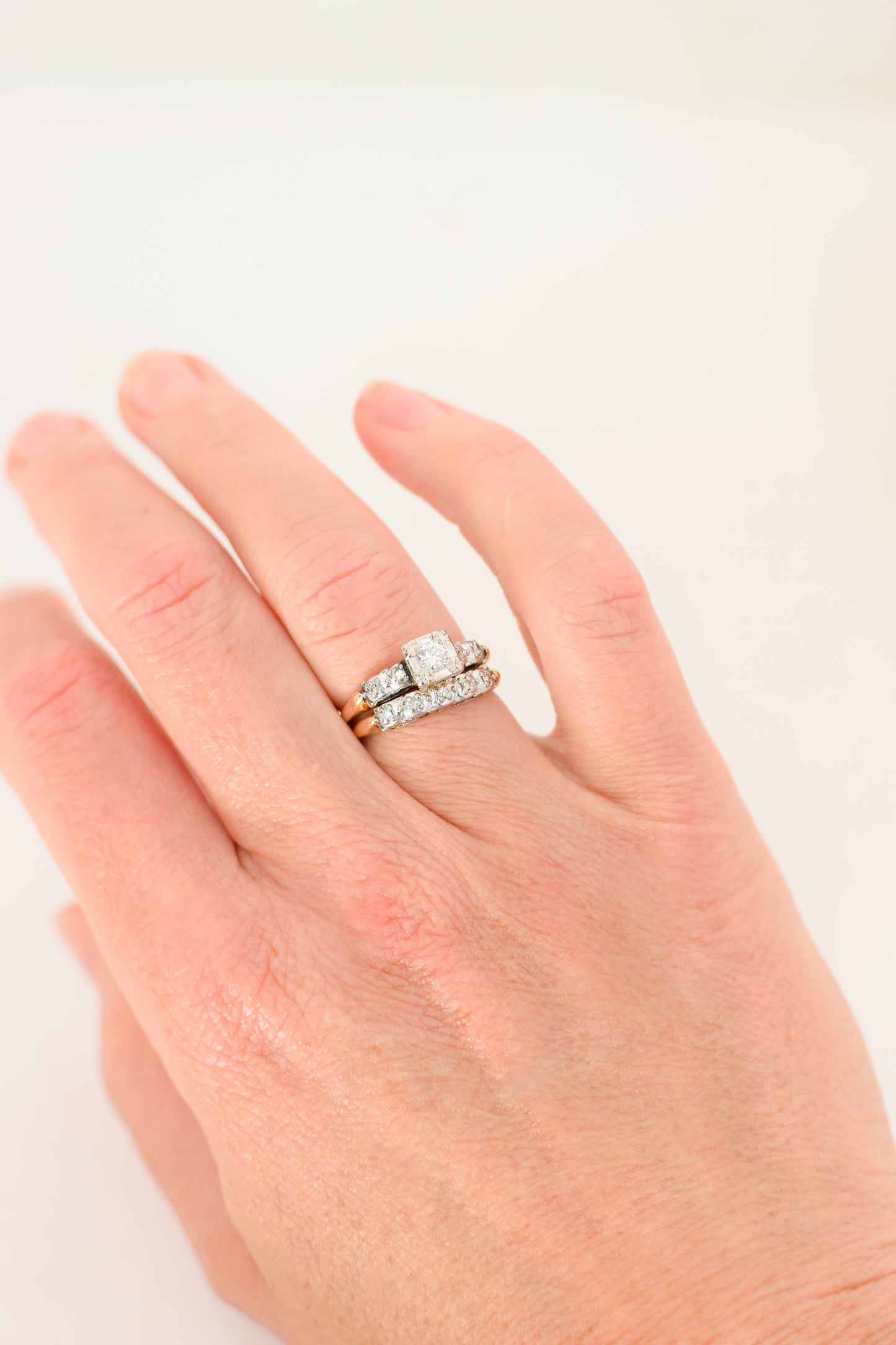 Vintage 1950s Diamond and 14kt Gold Engagement and Wedding Ring Set | US 6-6 1/2
