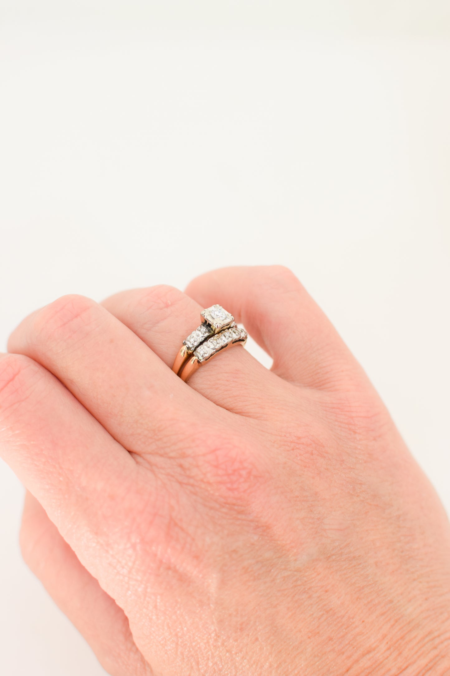 Vintage 1950s Diamond and 14kt Gold Engagement and Wedding Ring Set | US 6-6 1/2