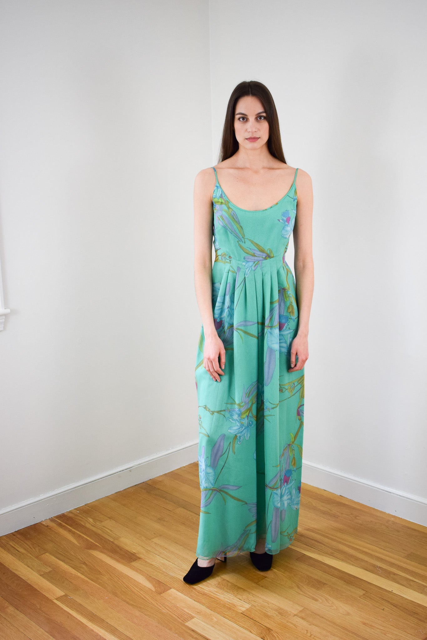 1970s Orchid Print Chiffon Gown | XS/S