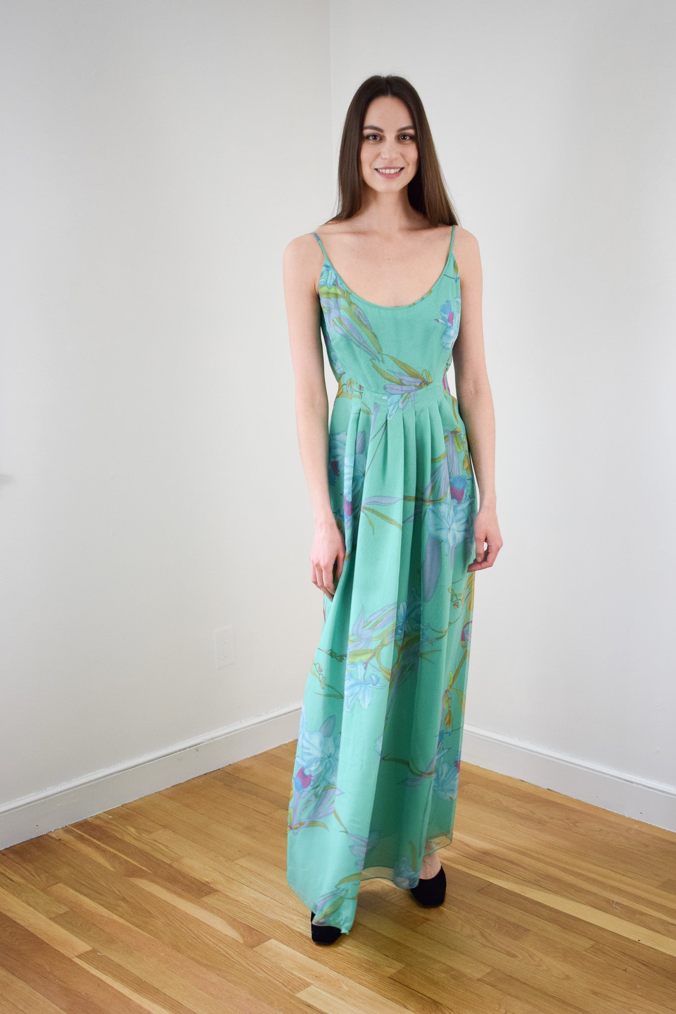 1970s Orchid Print Chiffon Gown | XS/S