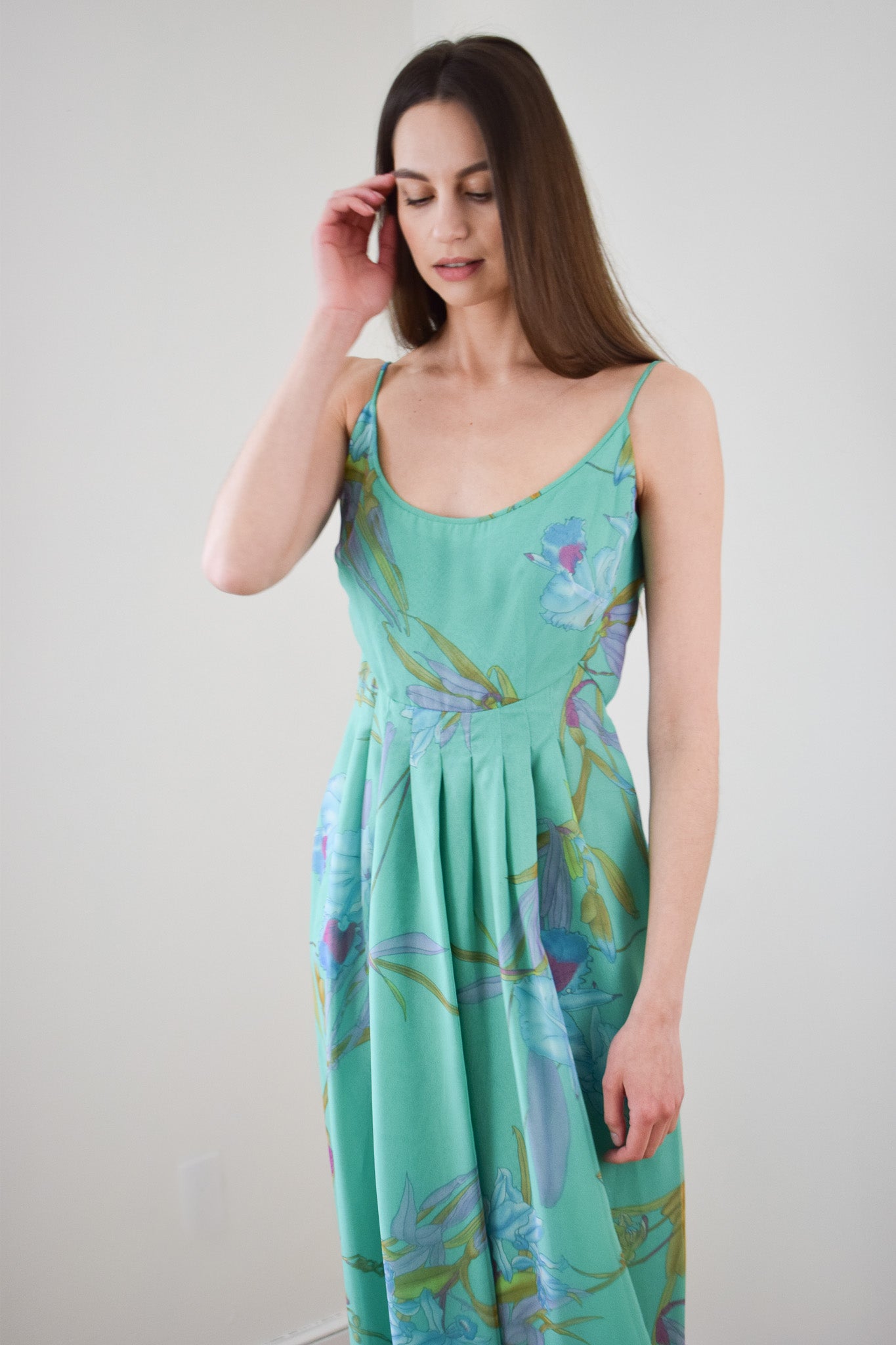 1970s Orchid Print Chiffon Gown | XS/S