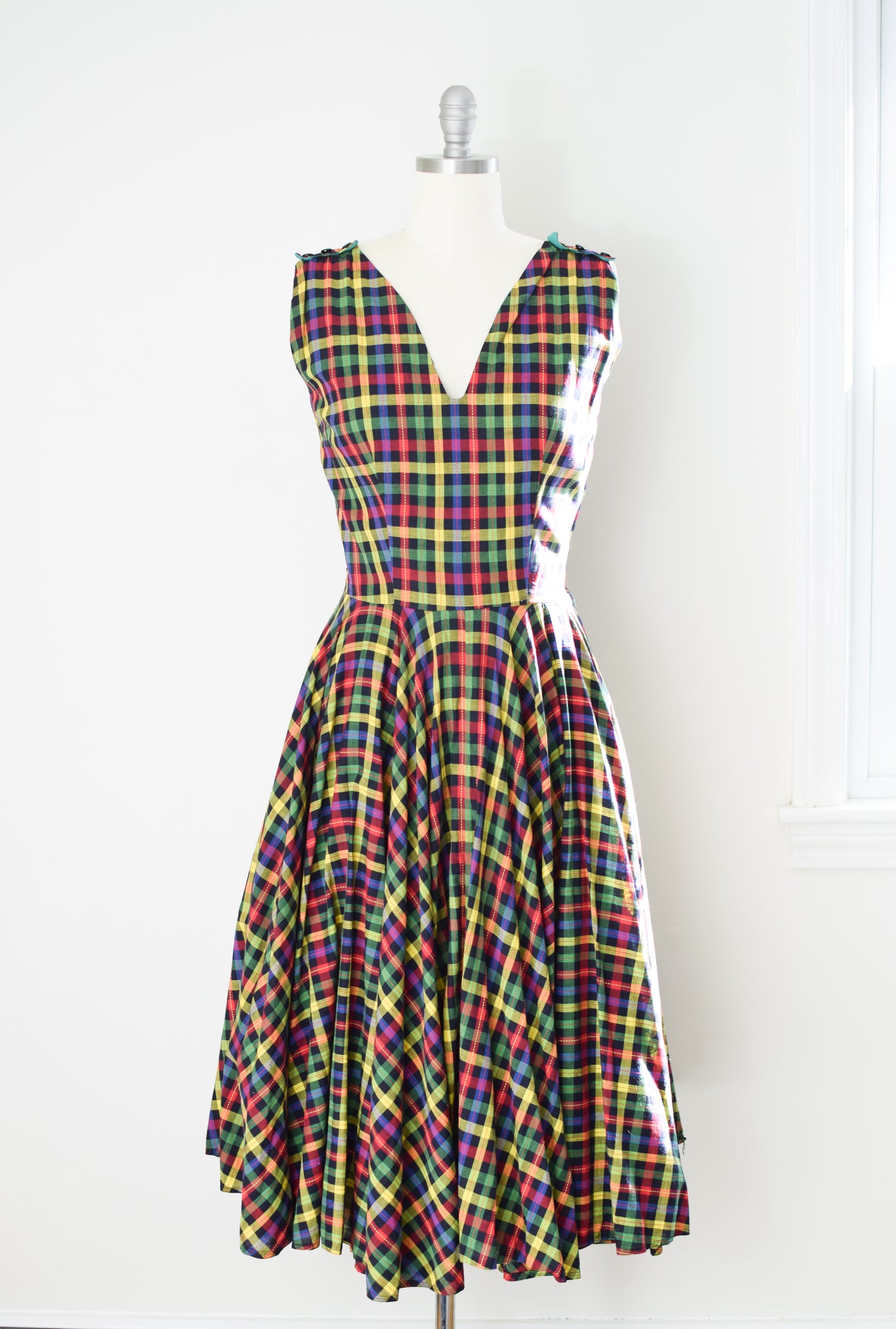 1950s Multi-Color Plaid Cotton Dress | L