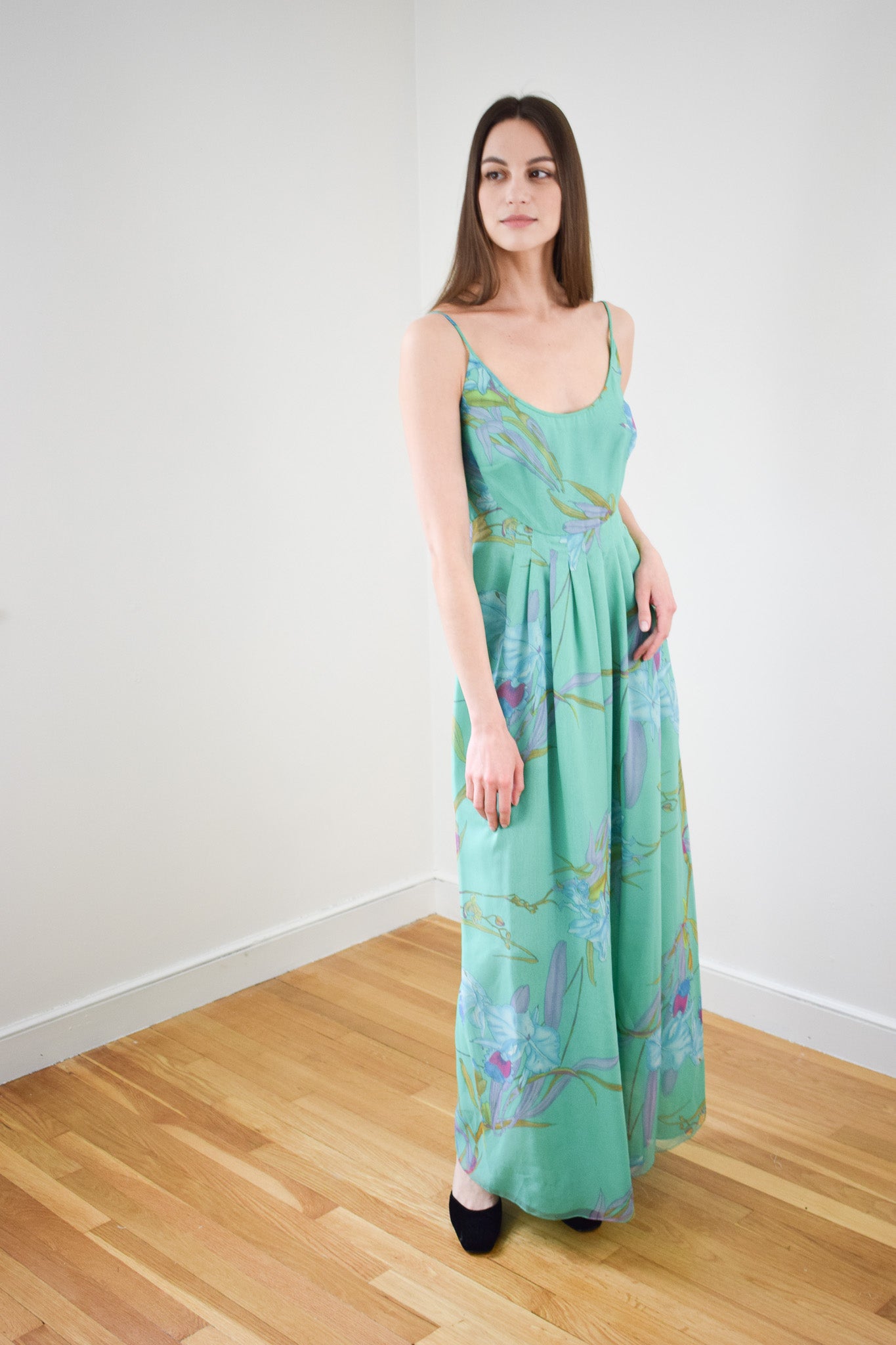 1970s Orchid Print Chiffon Gown | XS/S