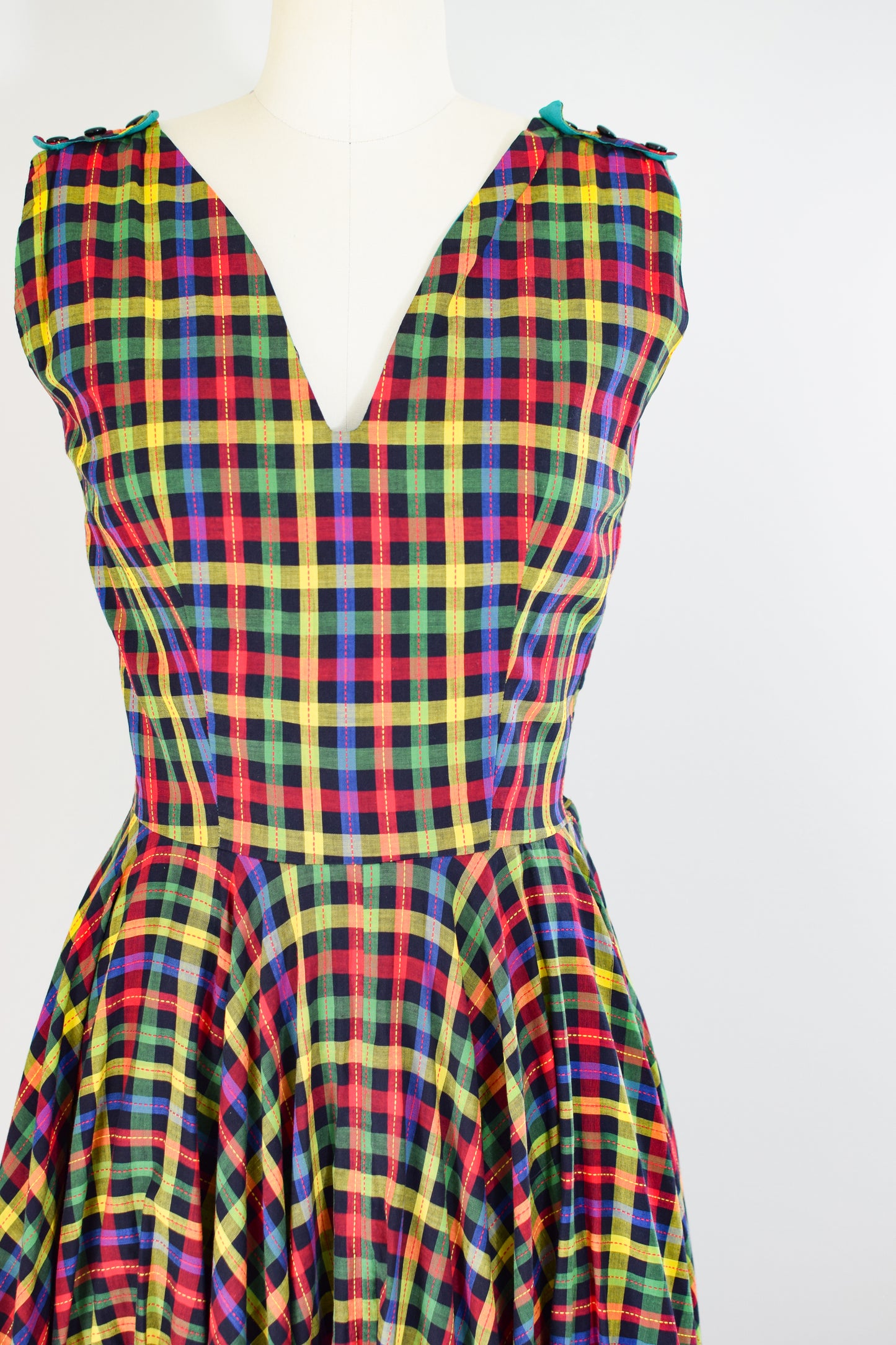 1950s Multi-Color Plaid Cotton Dress | L