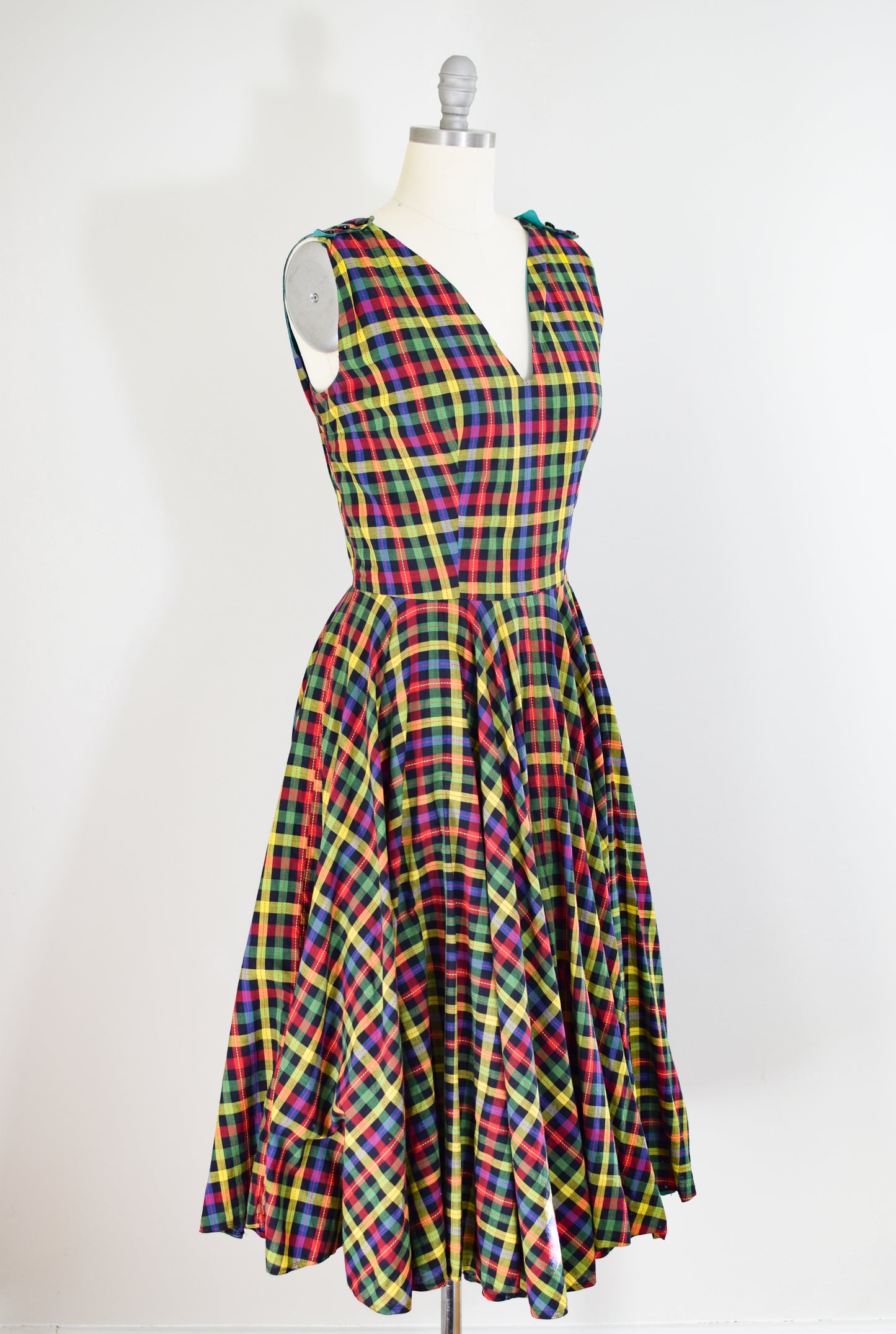 1950s Multi-Color Plaid Cotton Dress | L