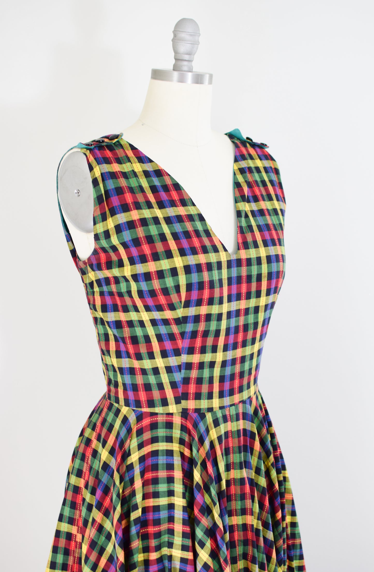 1950s Multi-Color Plaid Cotton Dress | L