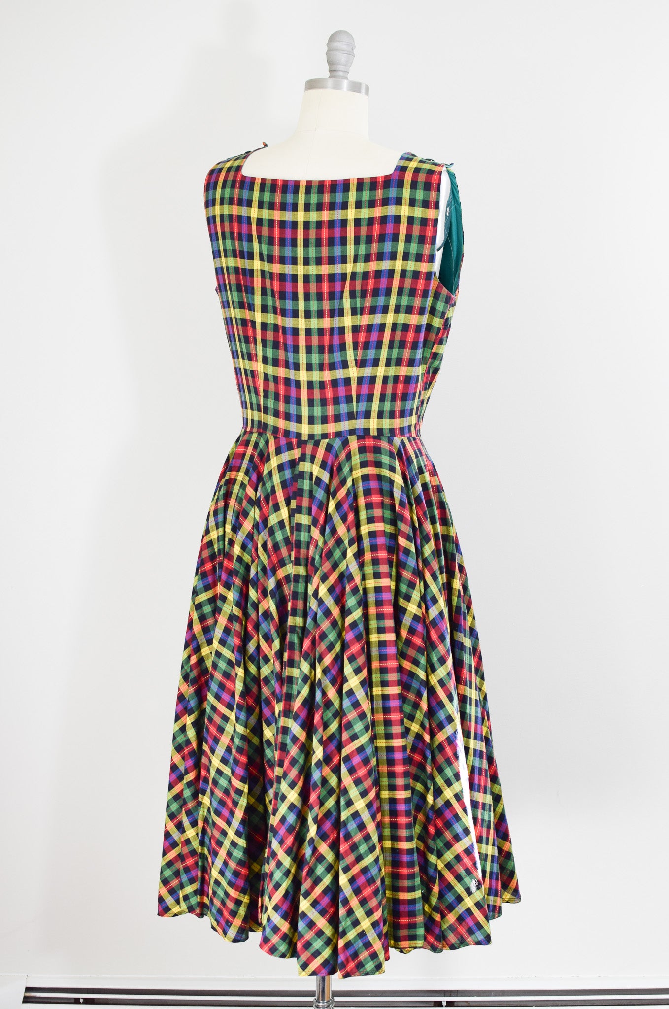 1950s Multi-Color Plaid Cotton Dress | L