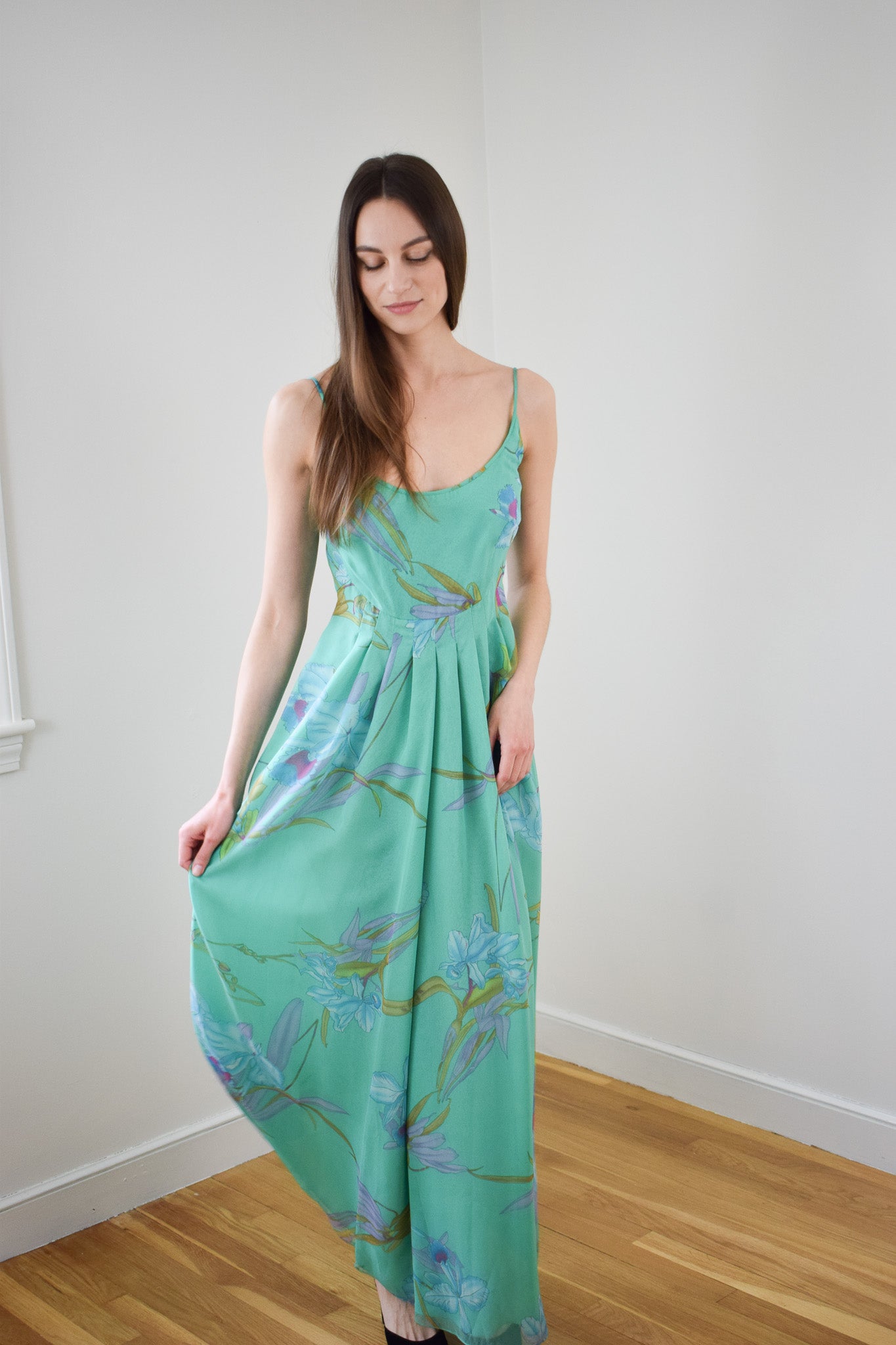 1970s Orchid Print Chiffon Gown | XS/S