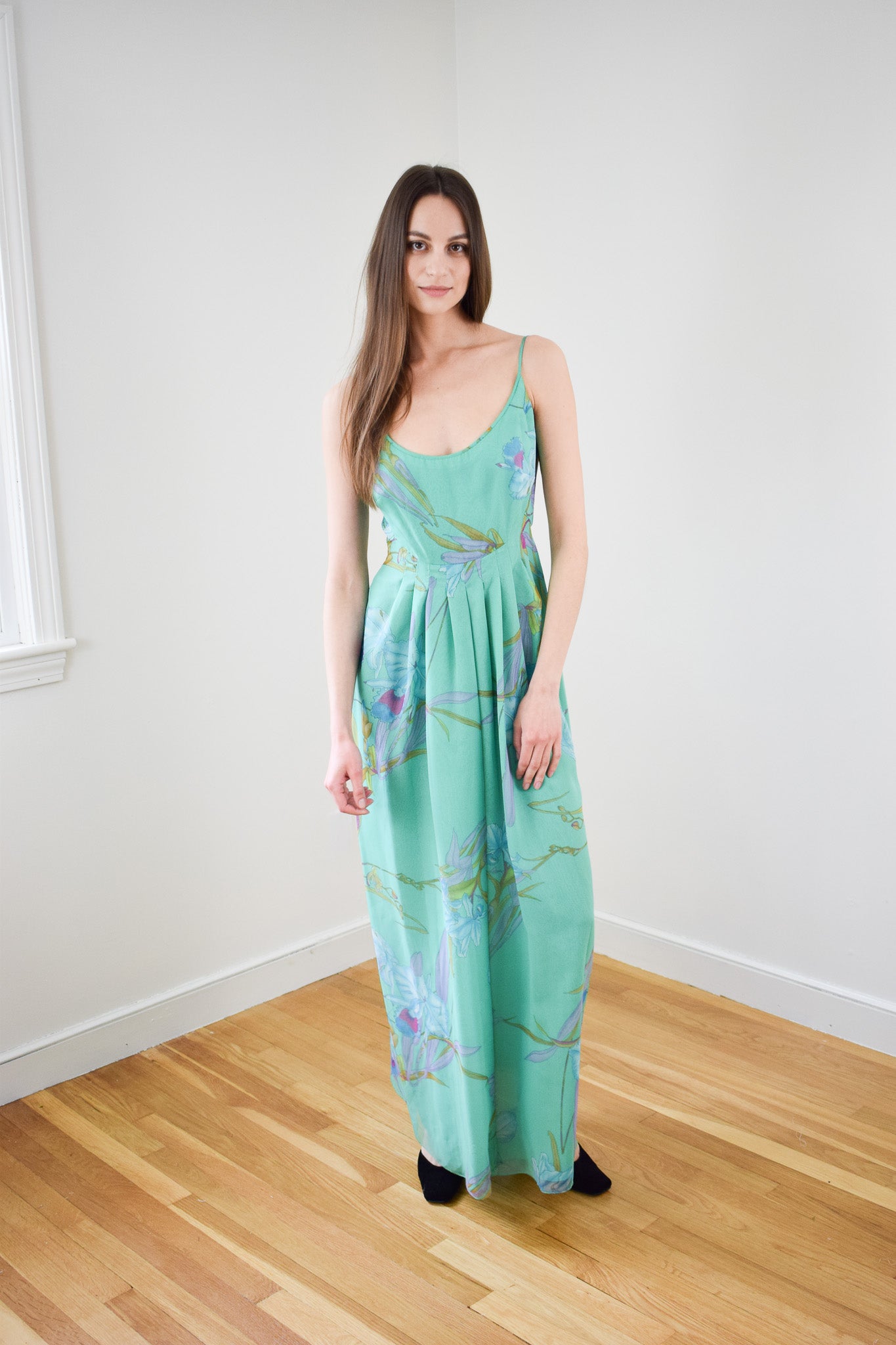 1970s Orchid Print Chiffon Gown | XS/S