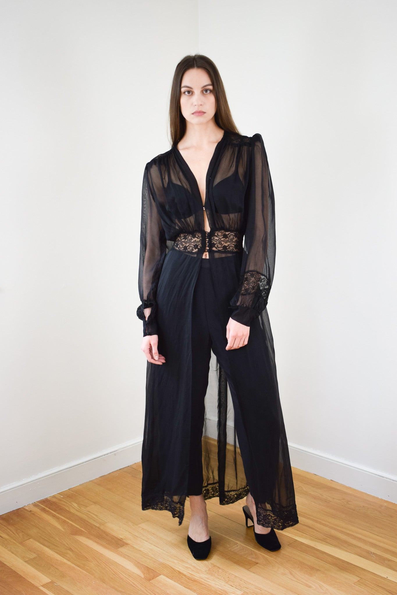 1940s Sheer Black Duster/Robe | XS/S