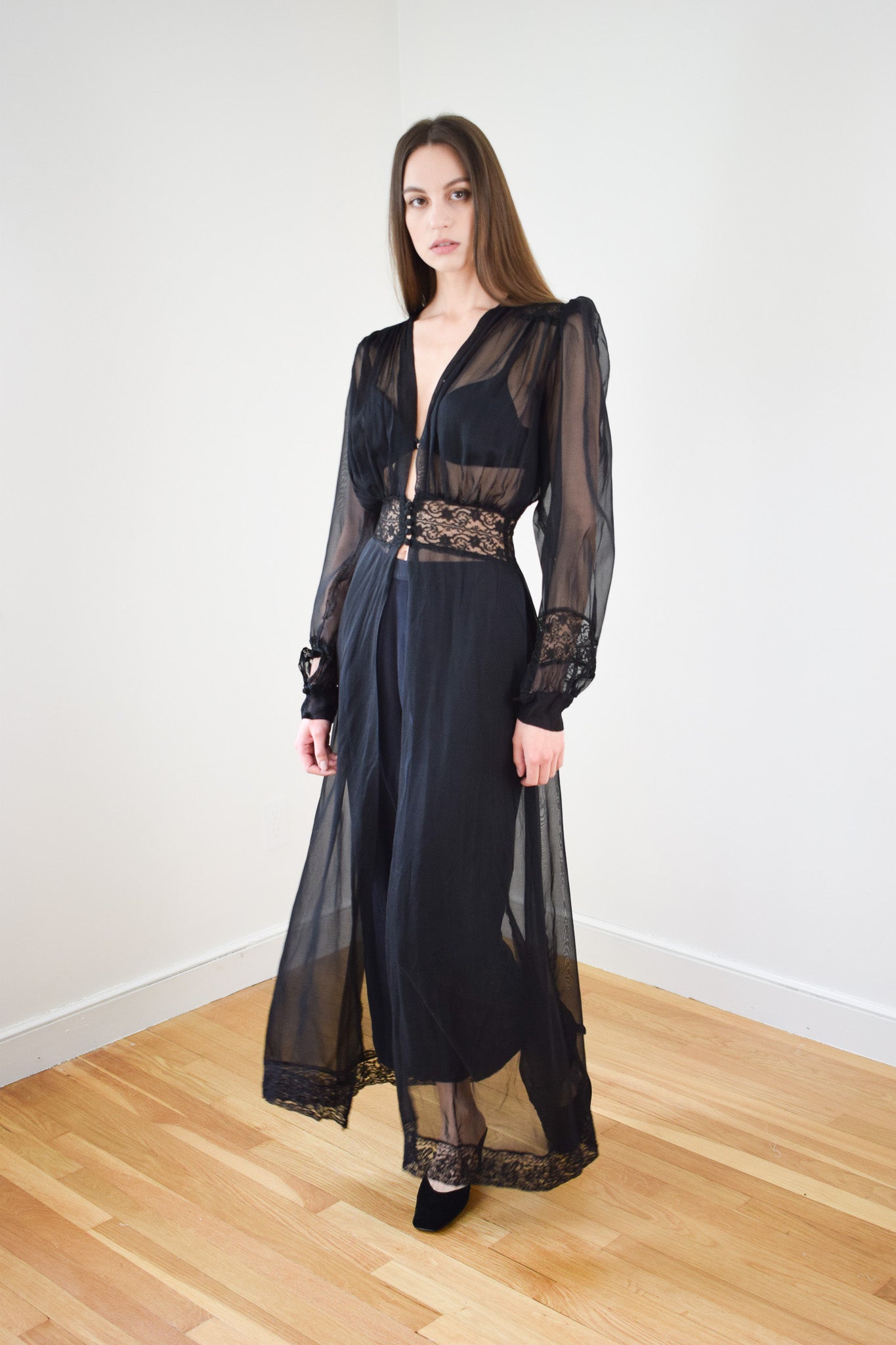 1940s Sheer Black Duster/Robe | XS/S