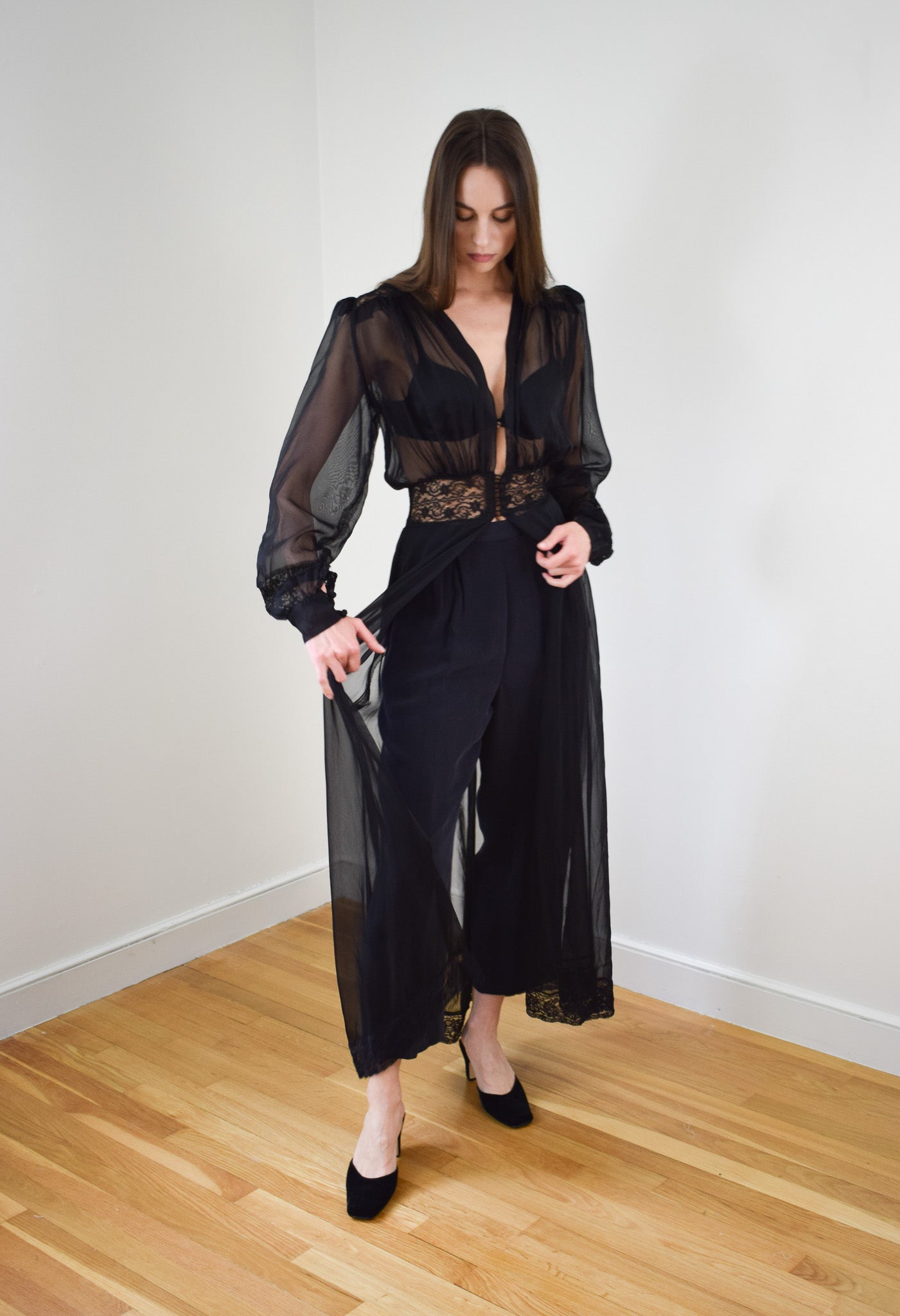 1940s Sheer Black Duster/Robe | XS/S