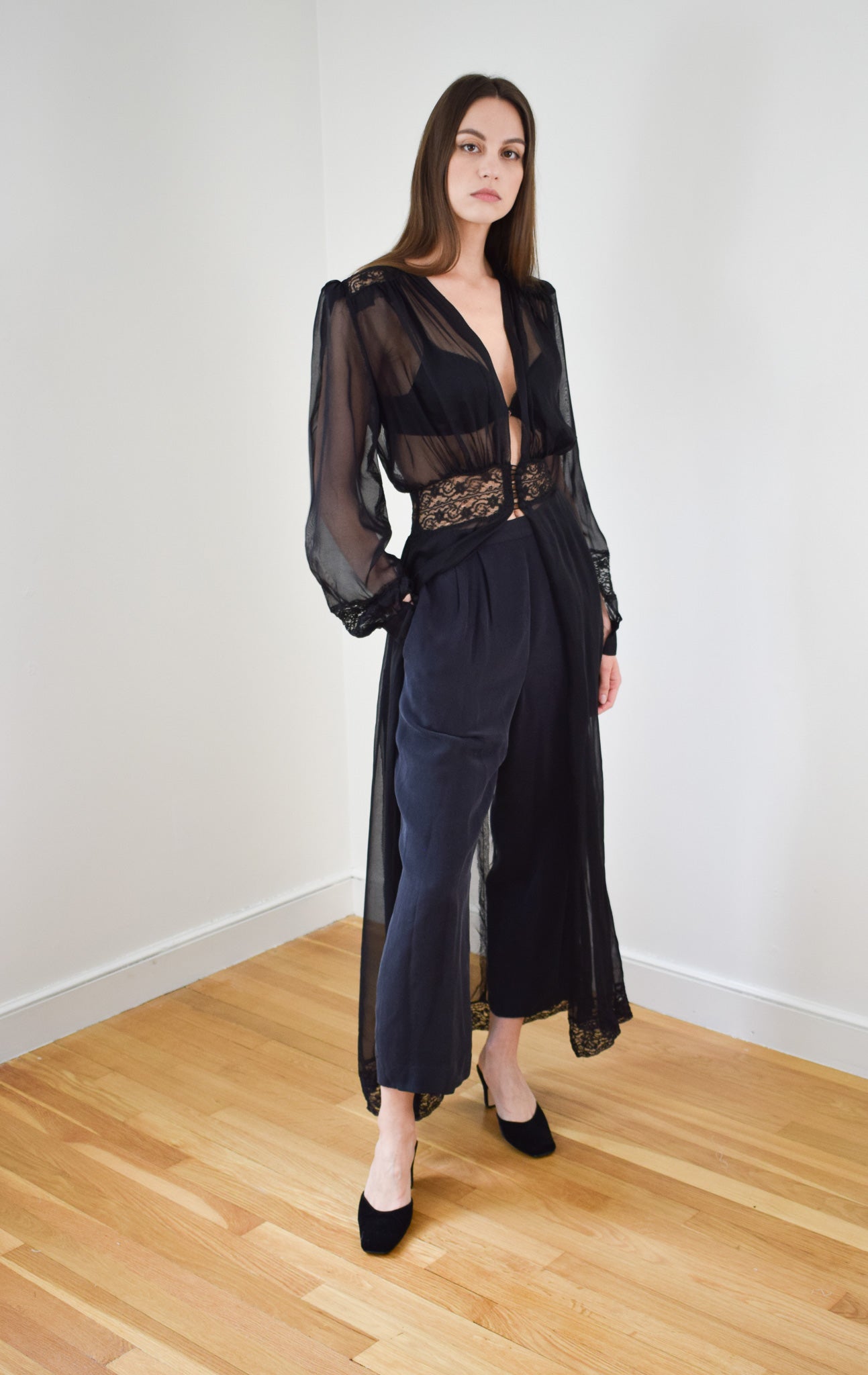 1940s Sheer Black Duster/Robe | XS/S