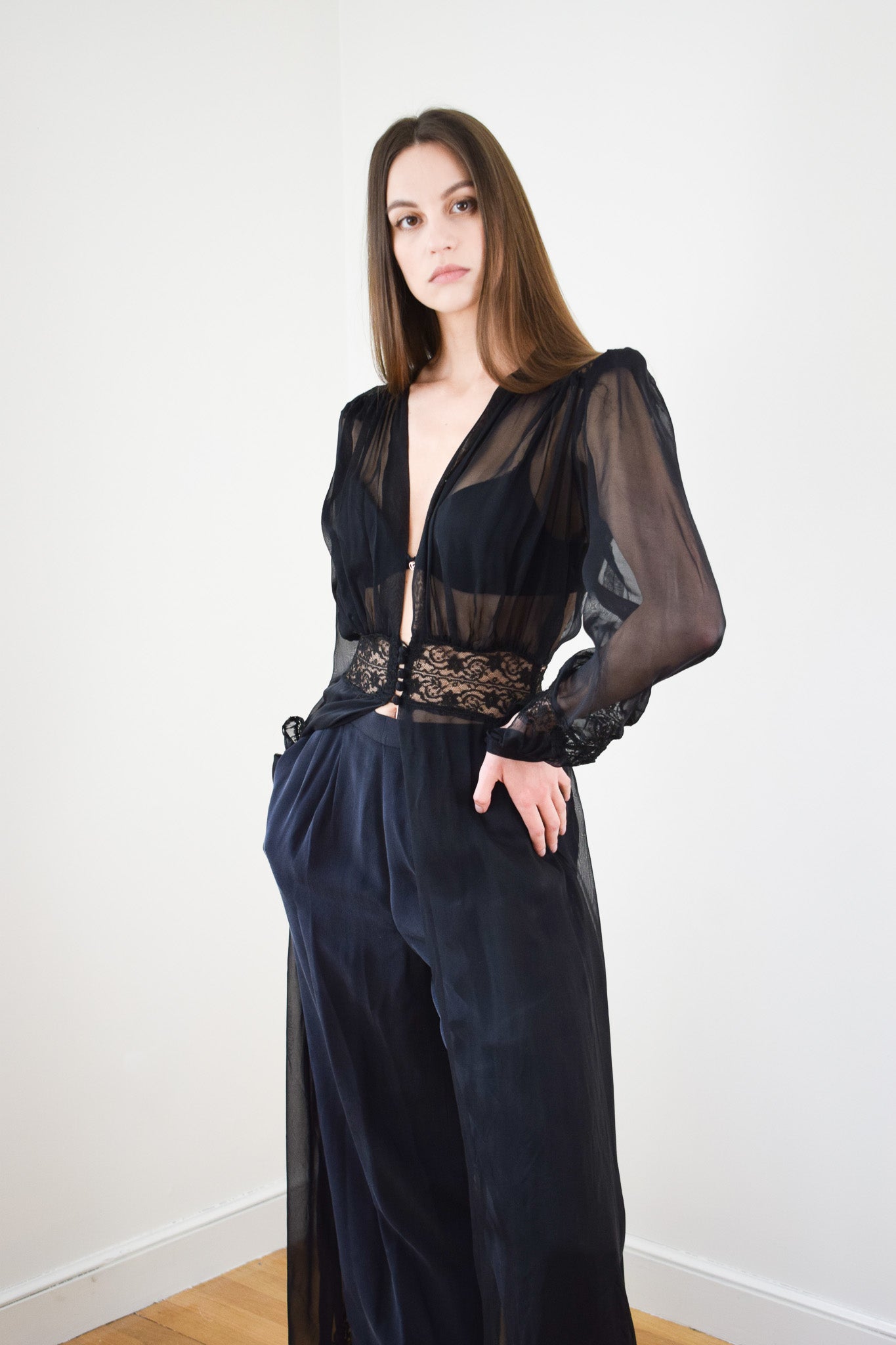 1940s Sheer Black Duster/Robe | XS/S