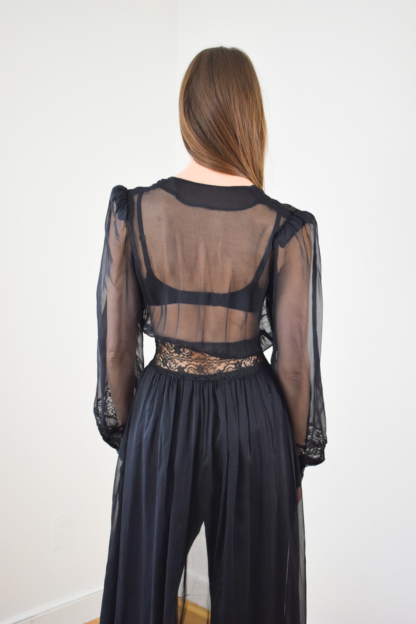 1940s Sheer Black Duster/Robe | XS/S
