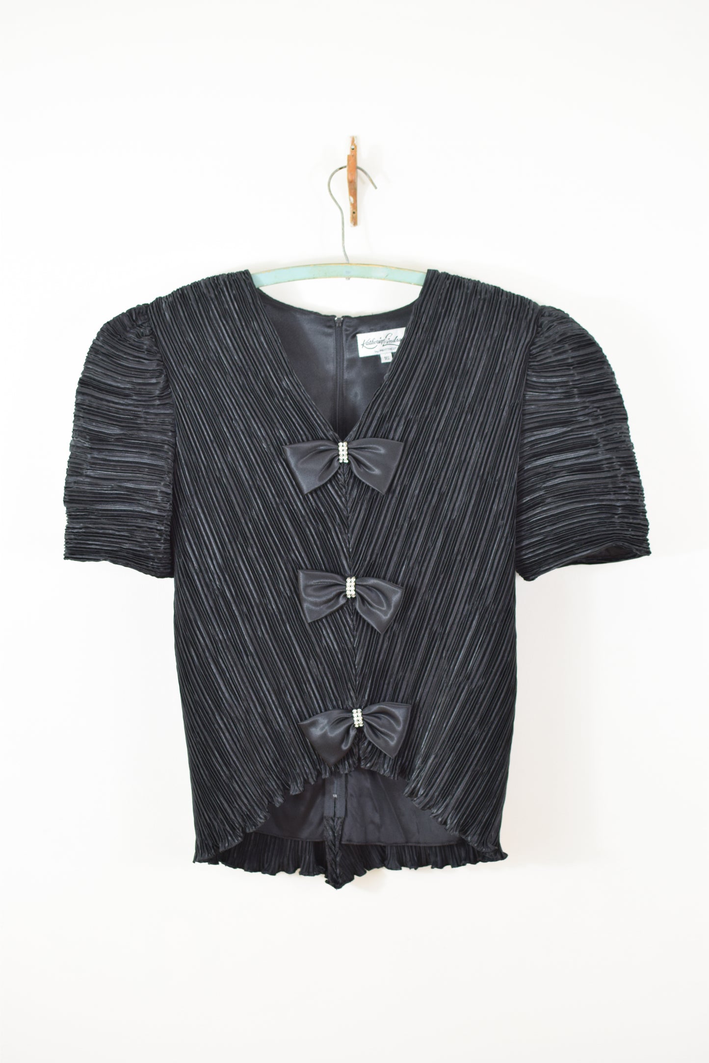 Vintage Micro Pleated Black Satin Blouse | M-L