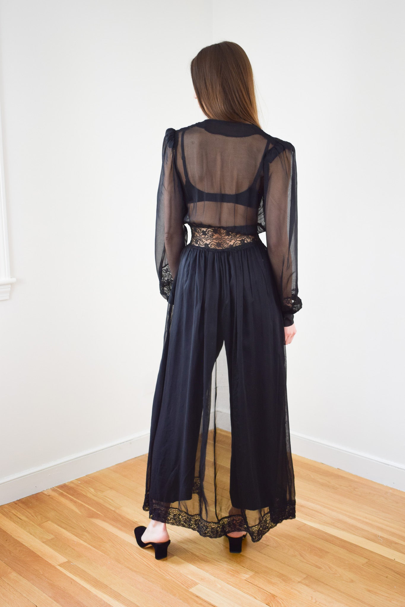 1940s Sheer Black Duster/Robe | XS/S