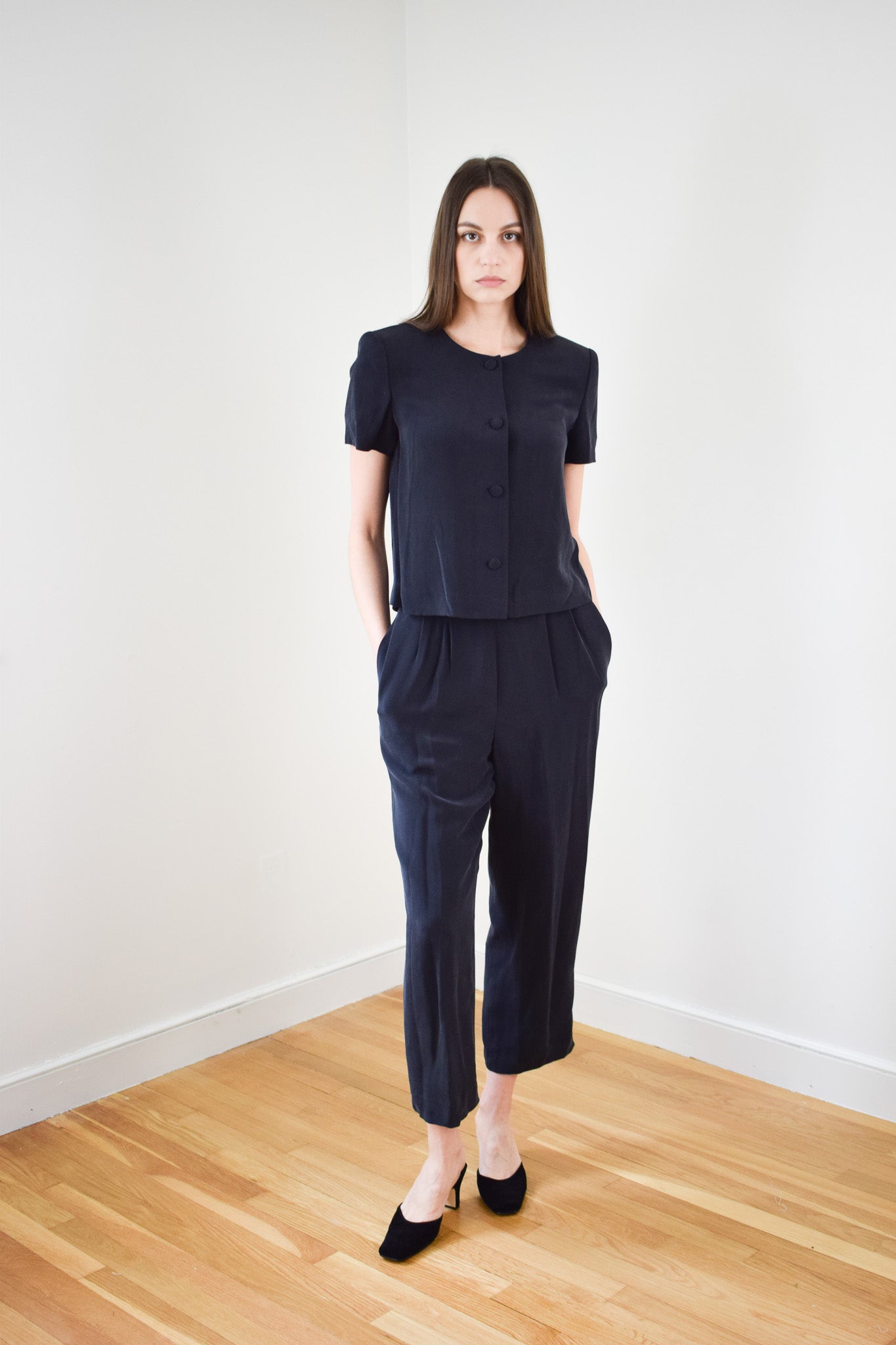 Vintage Black Silk Suit Set | S