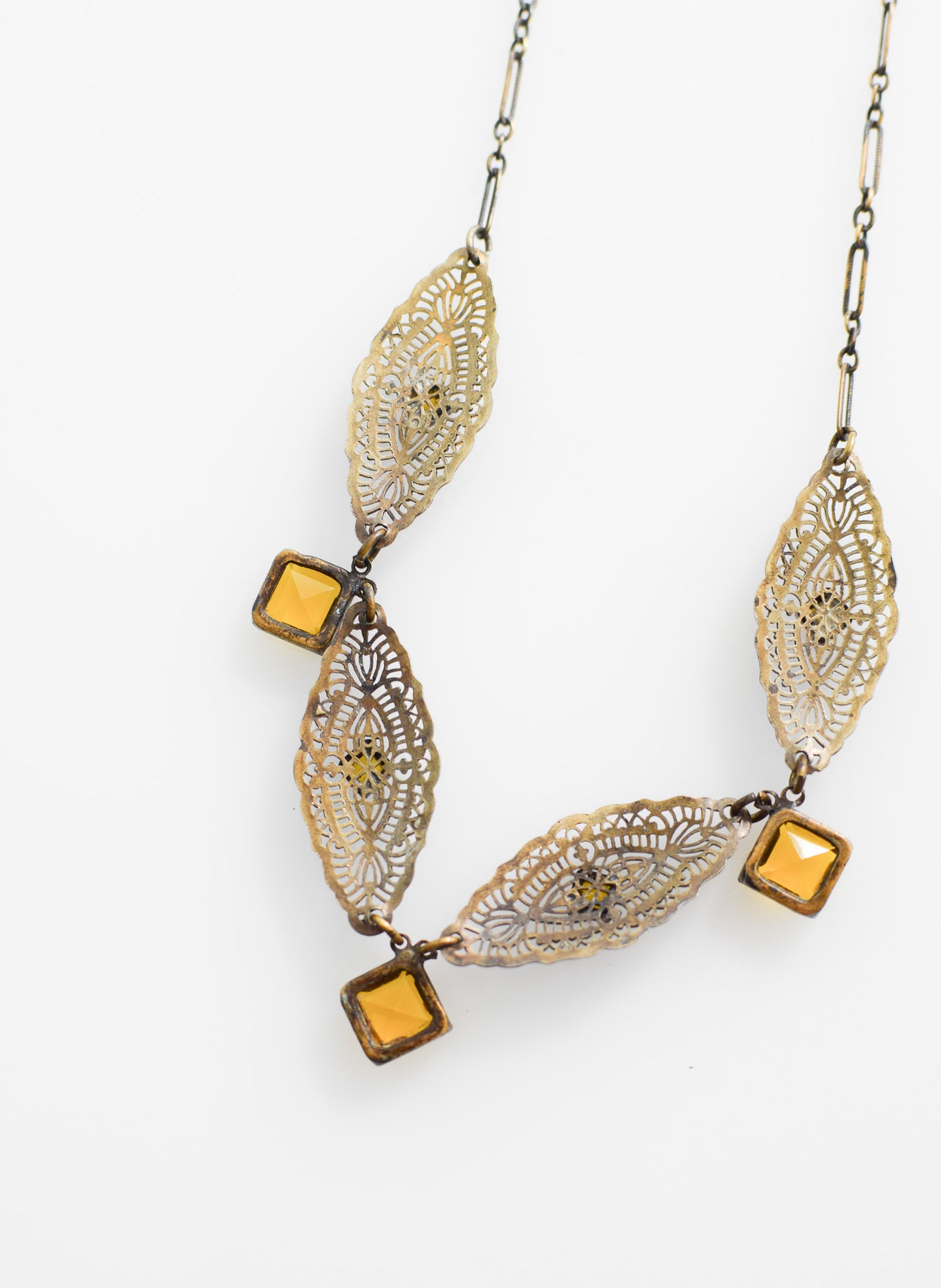 Antique Citrine Czech Glass and Brass Necklace