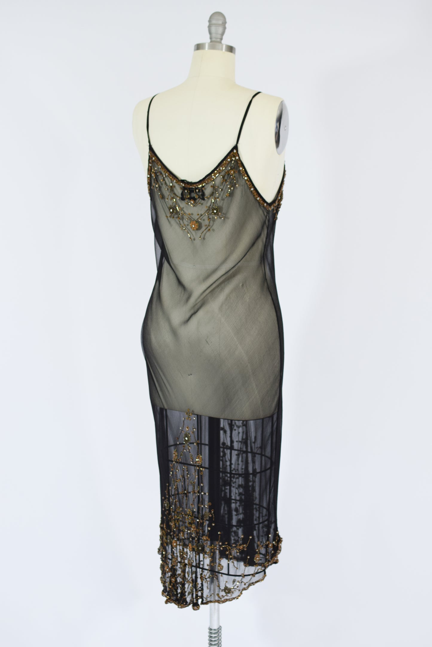Y2K Bonnie Strauss Sheer Silk and Beaded Slip Dress | M