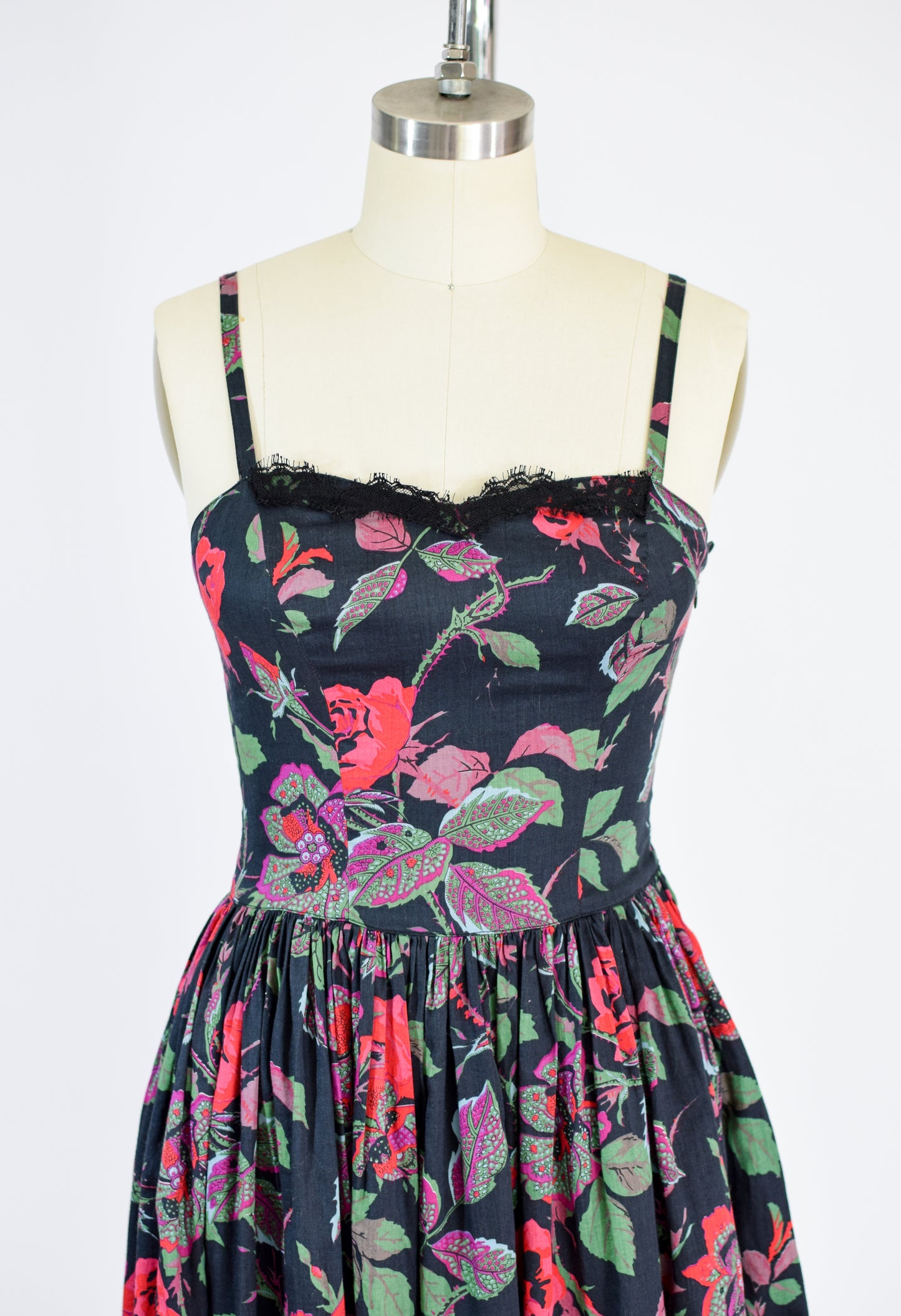 Vintage Souleiado French Cotton Dark Floral Dress | XS/S