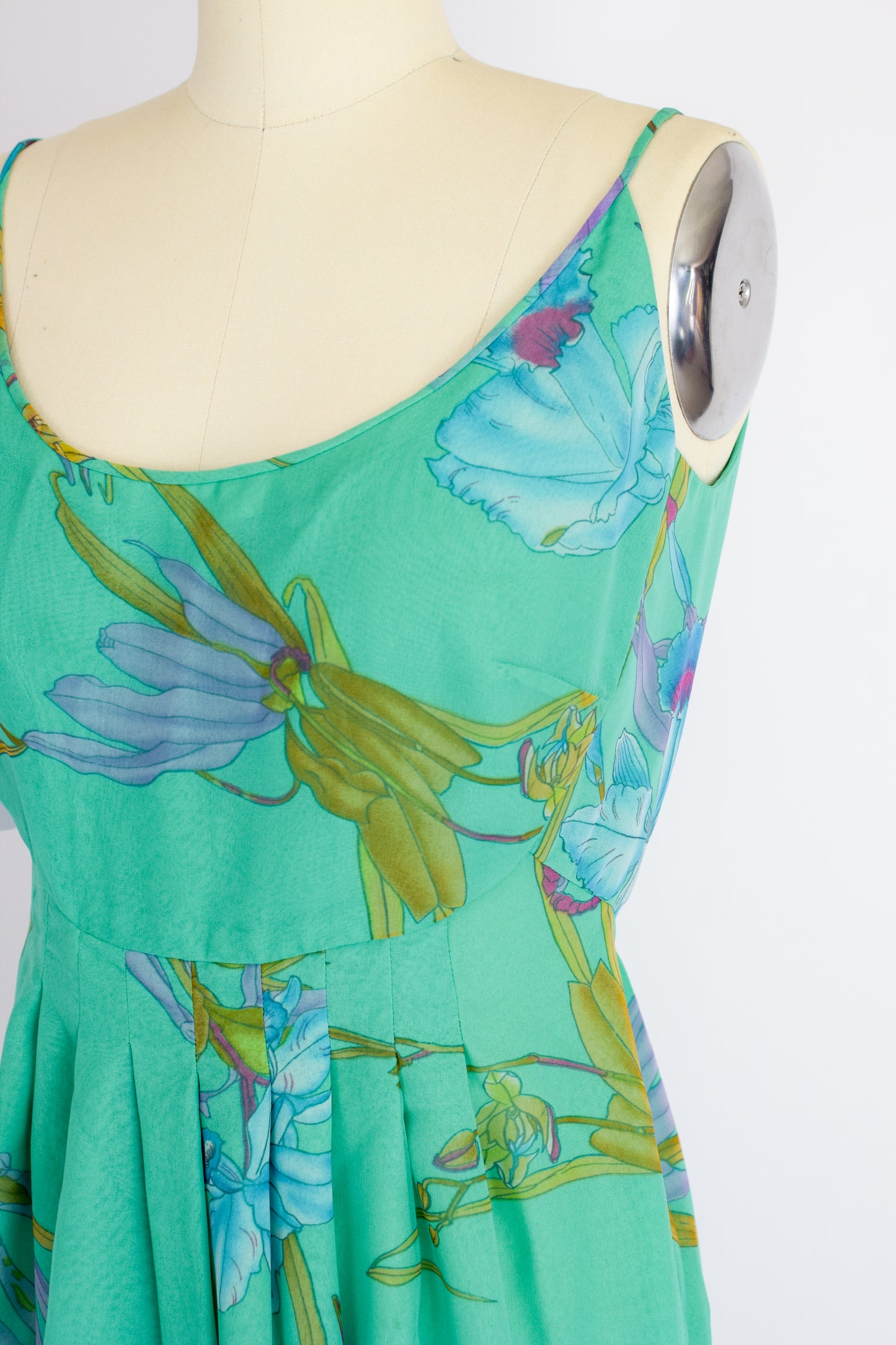 1970s Chiffon Orchid Print Gown | S/M