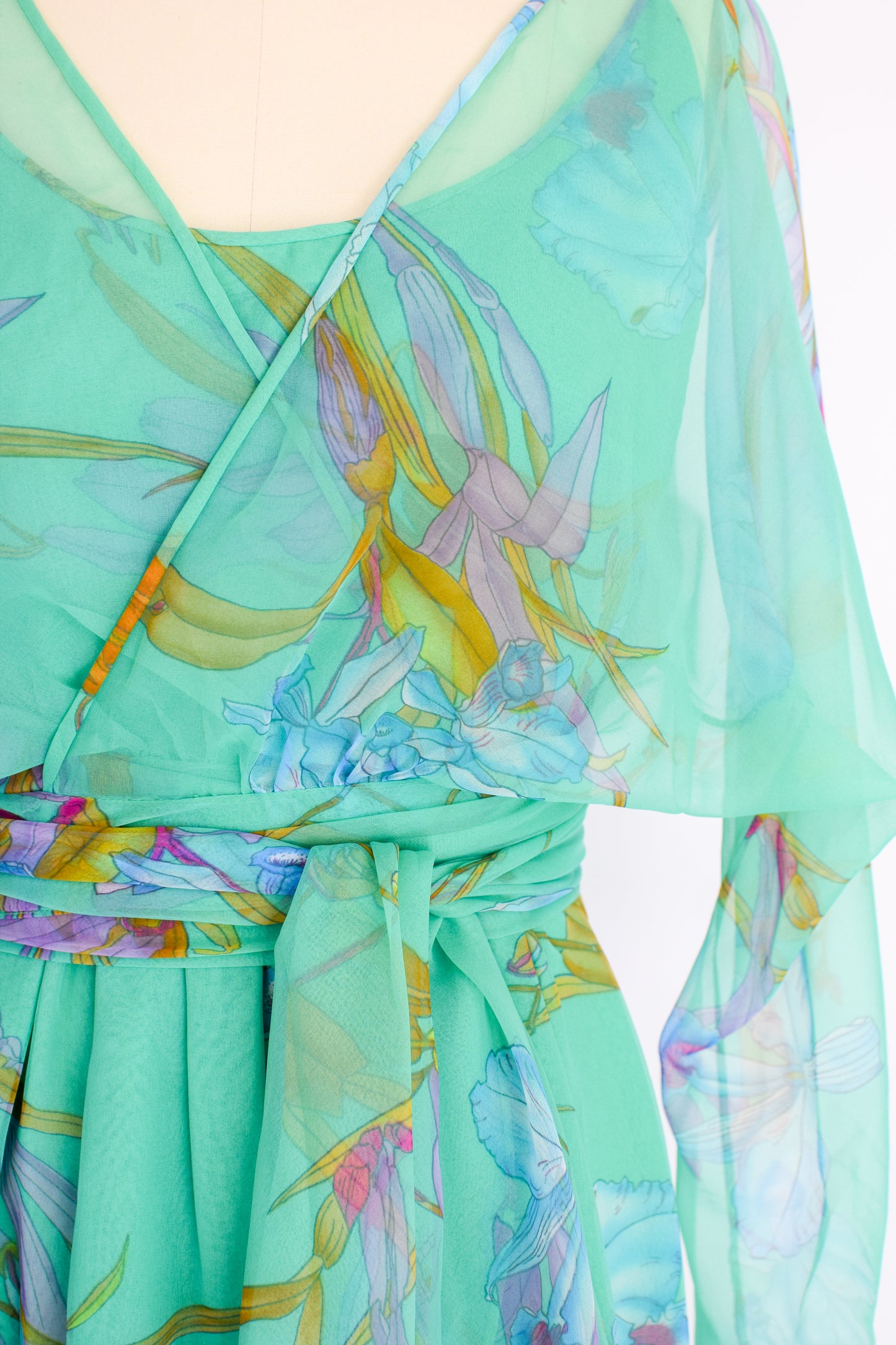 1970s Chiffon Orchid Print Gown | S/M