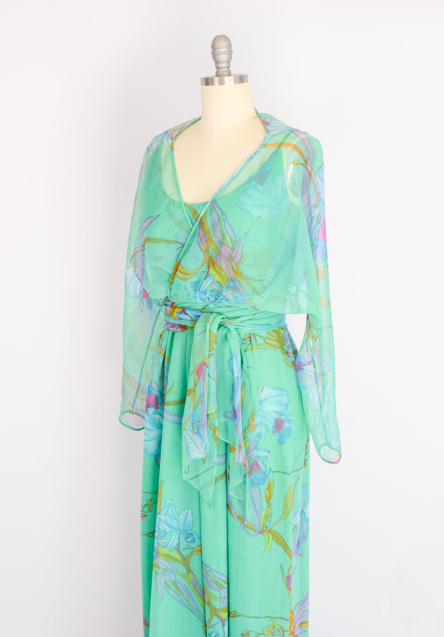 1970s Chiffon Orchid Print Gown | S/M