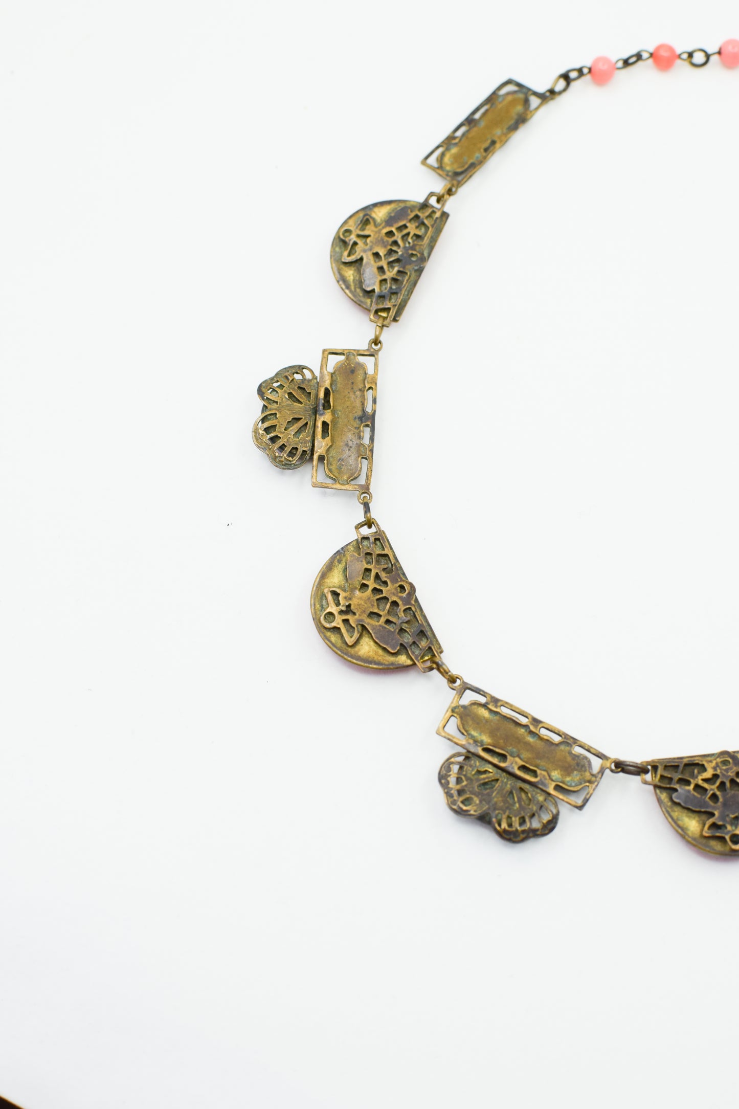 Antique Czech Pressed Coral Glass and Brass Necklace