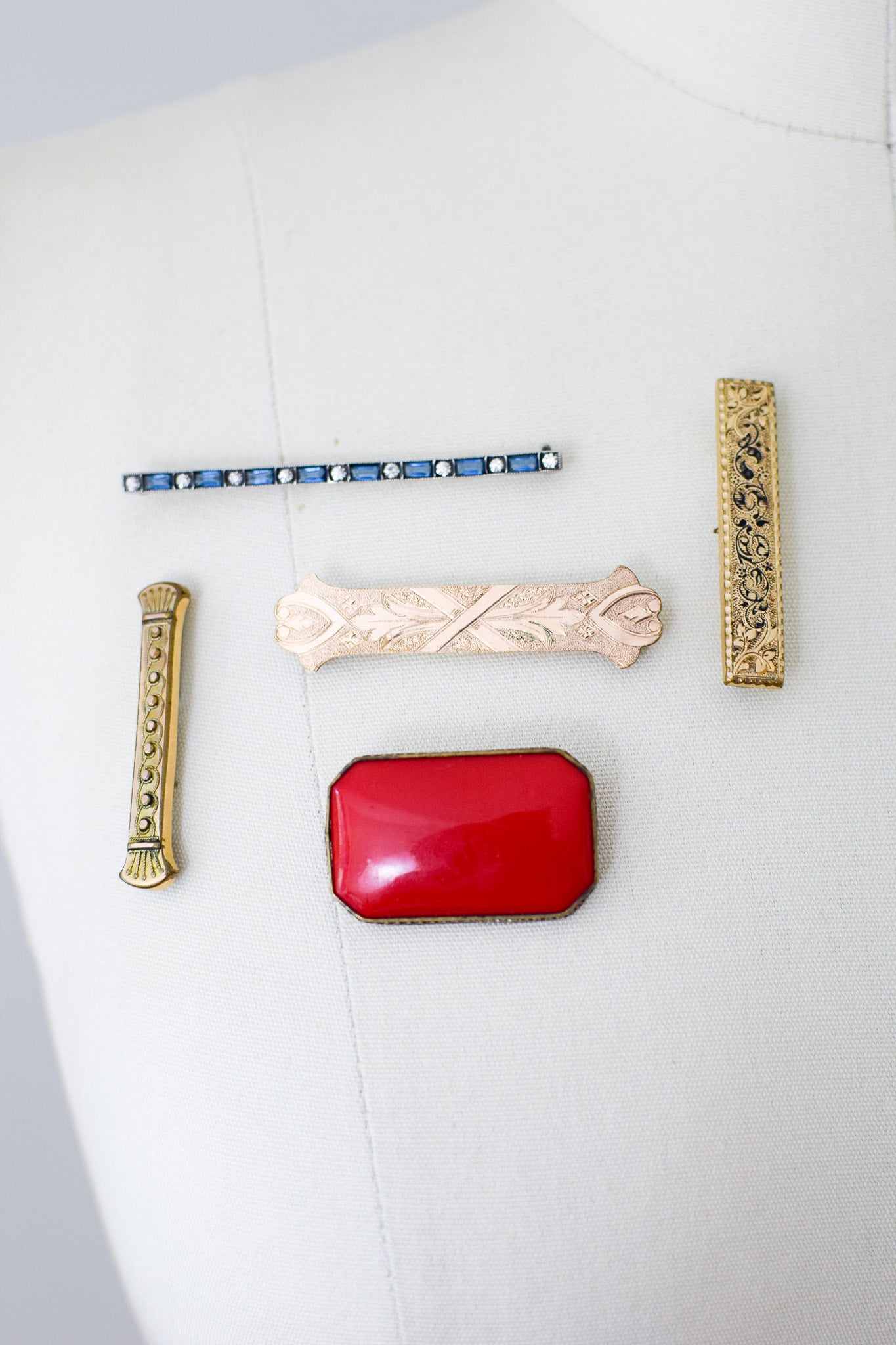 Two Antique Brooches | Victorian Bar Pin and Art Deco Czech Glass