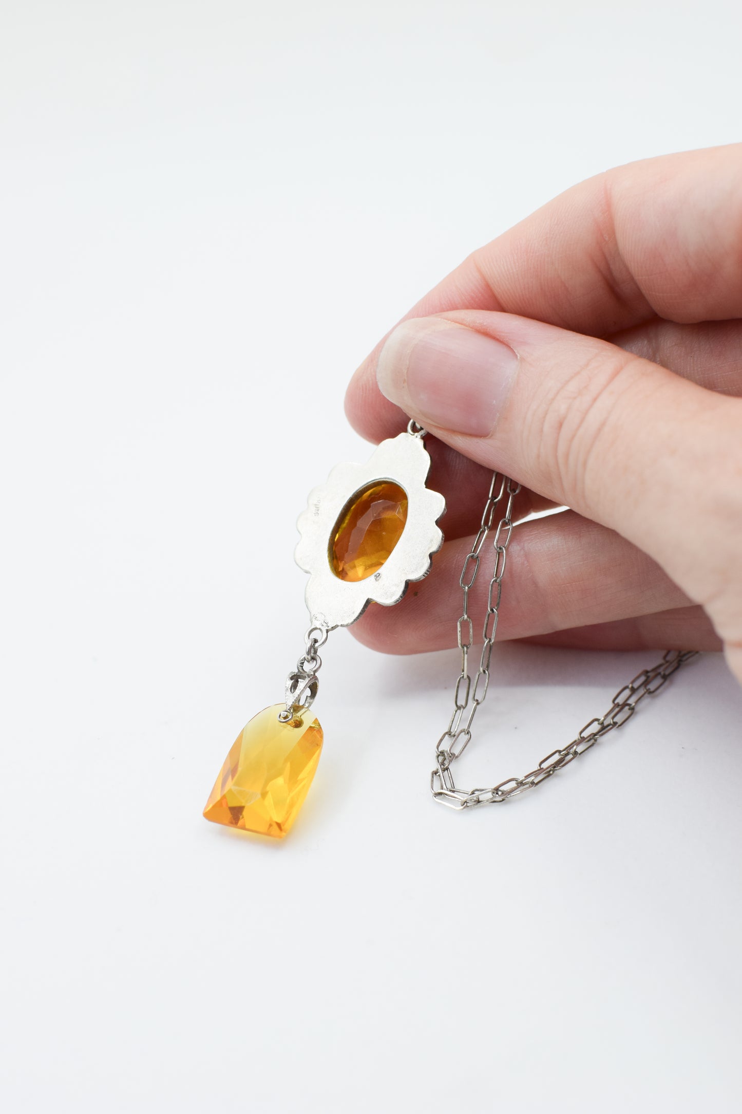 Antique Citrine Czech Glass and Sterling Pendant Necklace