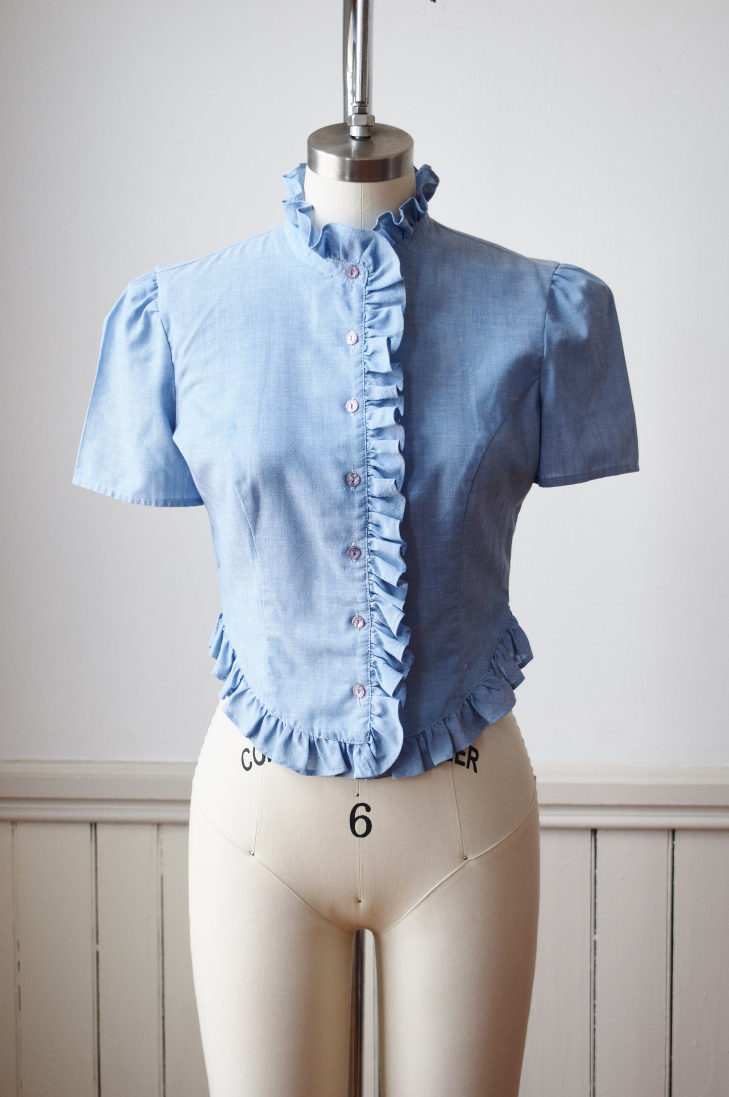 1970s Chambray Ruffle Blouse | XS/S